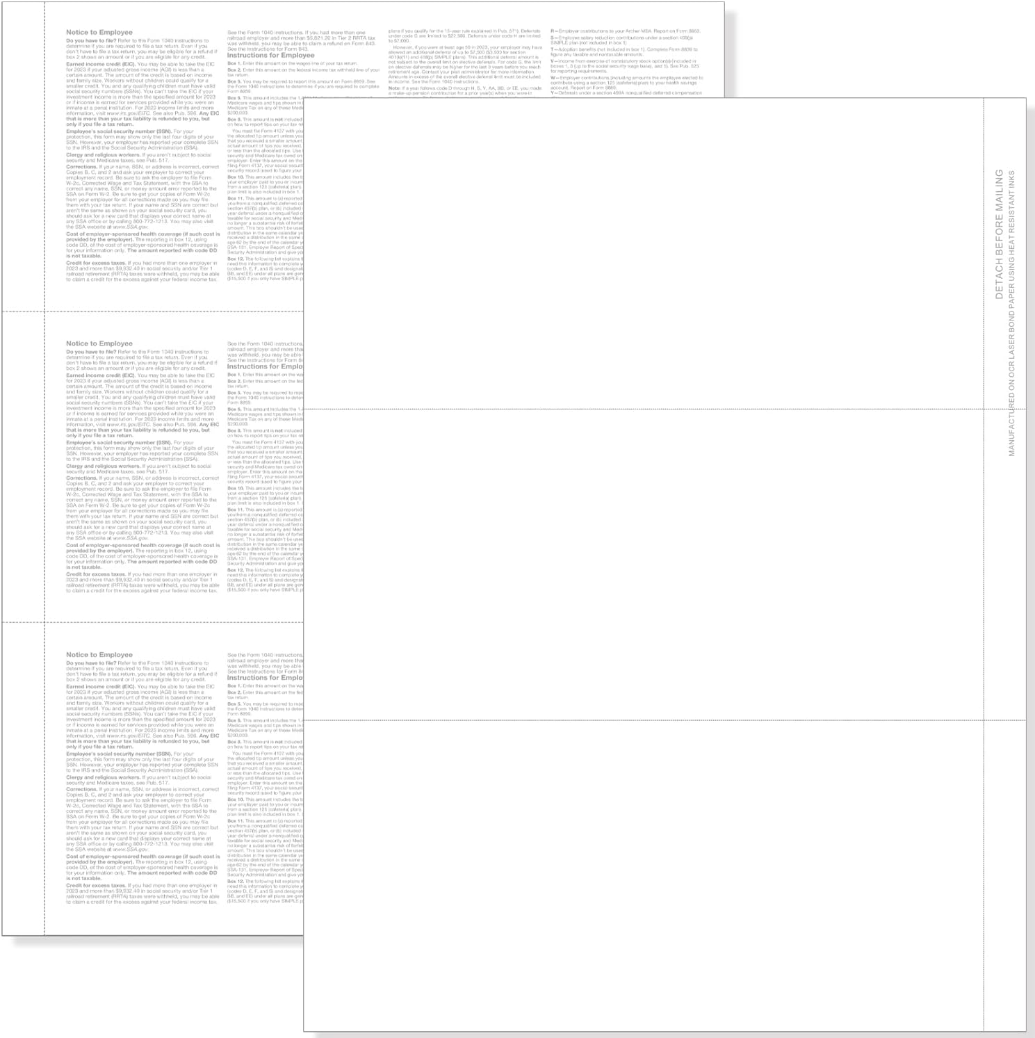 W2 3 Up Employee Tax Forms,100 Employee Sets.with Back