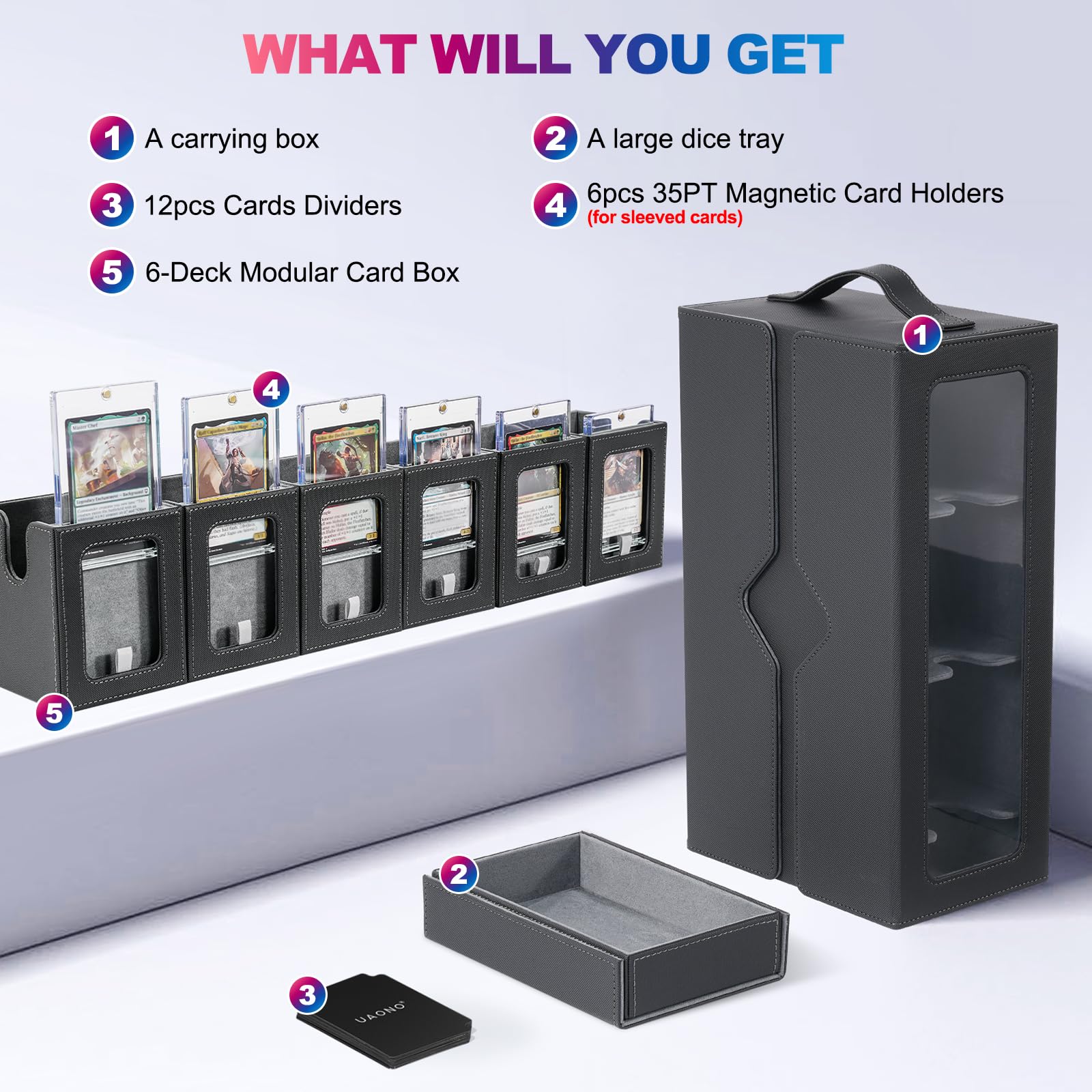 UAONO Commander Deck Box for MTG, 6-Deck Modular Card Case with Dice Tray Holds 600+ Double-sleeved Cards, Removable Trading Cards Storage Box with 35PT Magnetic Card Holders for TCG, Black Grey