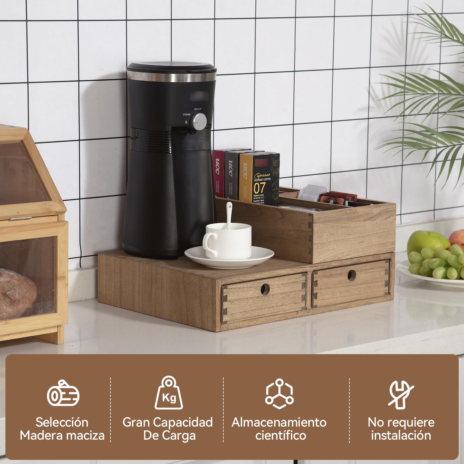 KIRIGEN Organizador de Café, Estación de Café, Caja para Cápsulas, Marrón | 2 cajones y 4 compartimentos; paulownia maciza; montado; uniones de espiga y mortaja; aceite vegetal; 41 × 31 × 17 cm