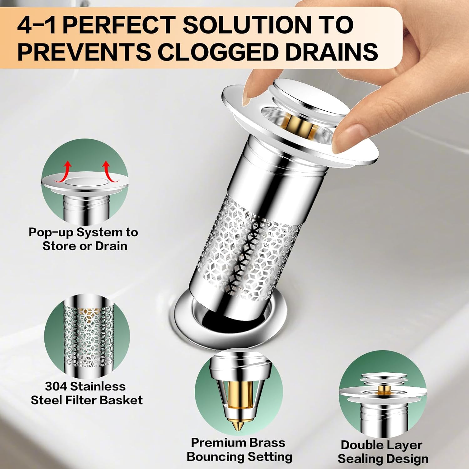 Bathroom Sink Drain Strainer 2 Pack, Universal Pop Up Stopper with Removable Filter Basket, Hair Catcher Drain Plug, Sink Filter Fits 1.1"-1.45" Basin