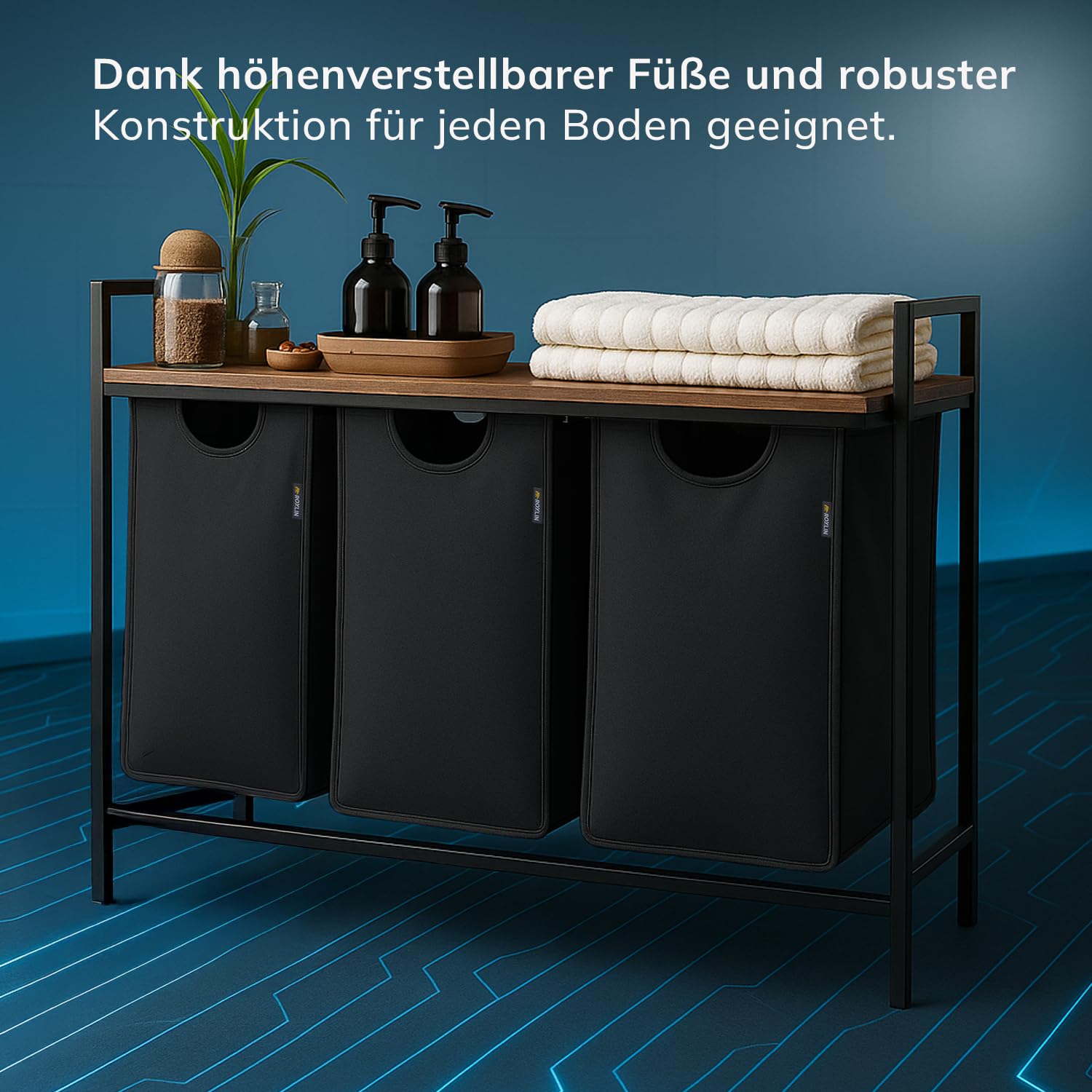 Wäschekorb mit 2 Fächern – Wäschesammler mit Deckel & Ablage Wäsche Sortierer aus Metall & Bambus Schmutzwäsche für Bad, Schlafzimmer, Waschküche Wäschesammler mit Ablage (Schwarz, 120 L)