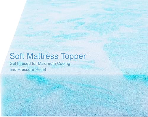 Vista 4 de Cubrecolchón de espuma viscoelástica con infusión de gel refrescante de 3 pulgadas, CertiPUR-US, transpirable, felpa, alivio de presión, azul