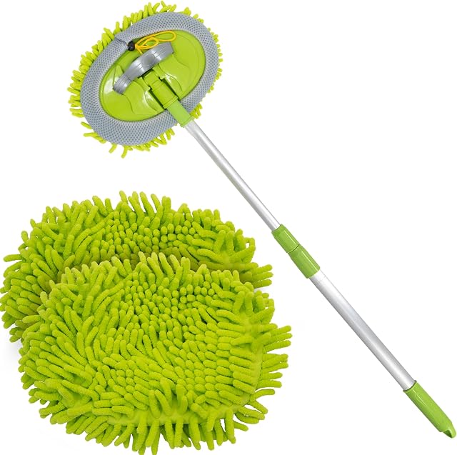TANNESS Car Cleaning Brush | Microfibre Mop with Mittens | Car Wash Kit for Cleaning Van Truck Caravan | Scratch Free 2 x Mop Heads | 1 x Extendable Pole 53-104cm with 3 Sections Cleaning Products