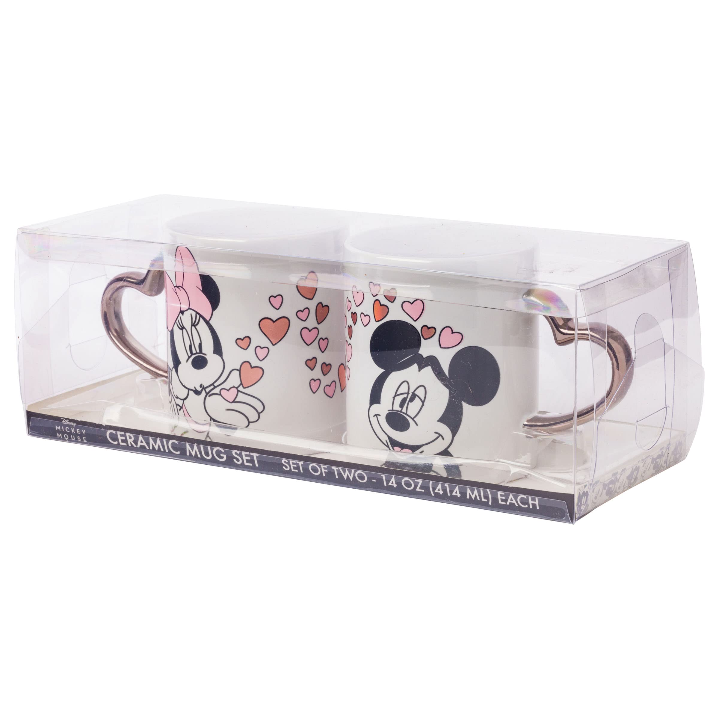 Silver Buffalo Minnie Blowing Kiss to Mickey with Hearts Gold Heart Shape Handle Lot de 2 tasses en céramique 414 ml