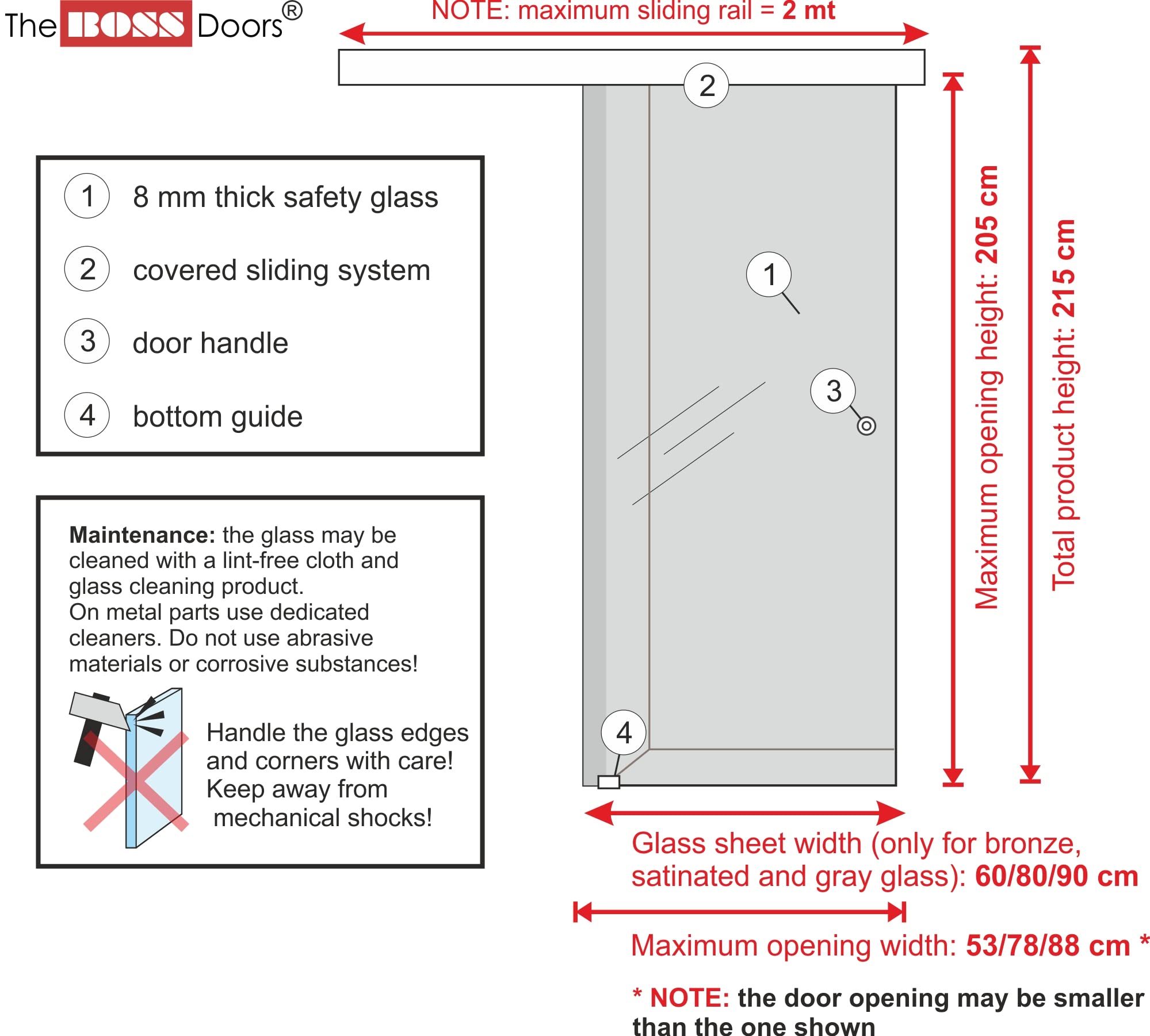 BOSS Porta Scorrevole in vetro modello LAVA 80x215 cm (60/80/90 cm) 8 mm, vetro Satinato, Nano rivestito bianco, kit hardware complete (80x215 cm, DESTRA)