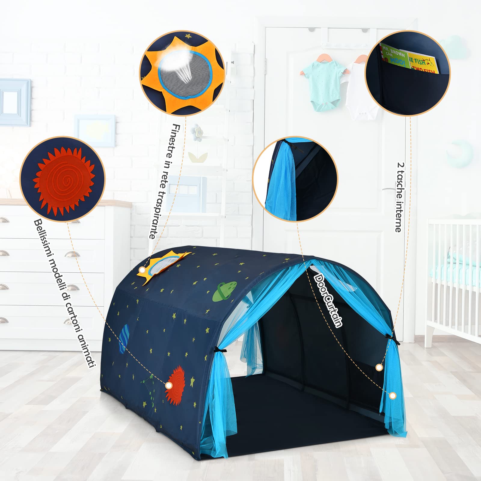 COSTWAY Tenda da Gioco per Bambini, Tenda per Letto con Borsa di Trasporto, Casetta per Bambini Portatile, per Camera da Letto Salone Giochi, 144 x 102 x 82 cm (Blu)