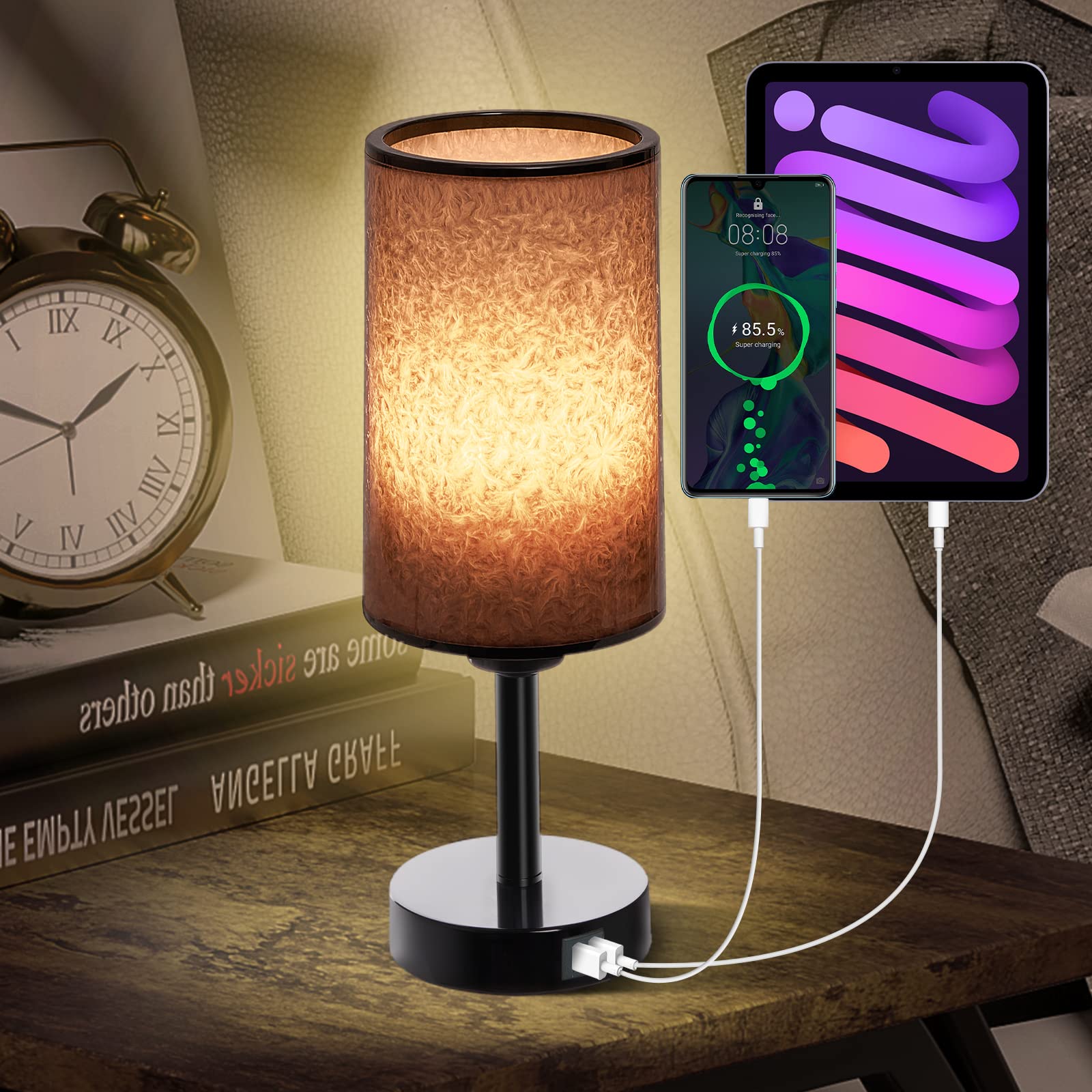 Black Beside Lamp with USB Charging Ports Nightstand Table Lamp Bedroom Living Room Office