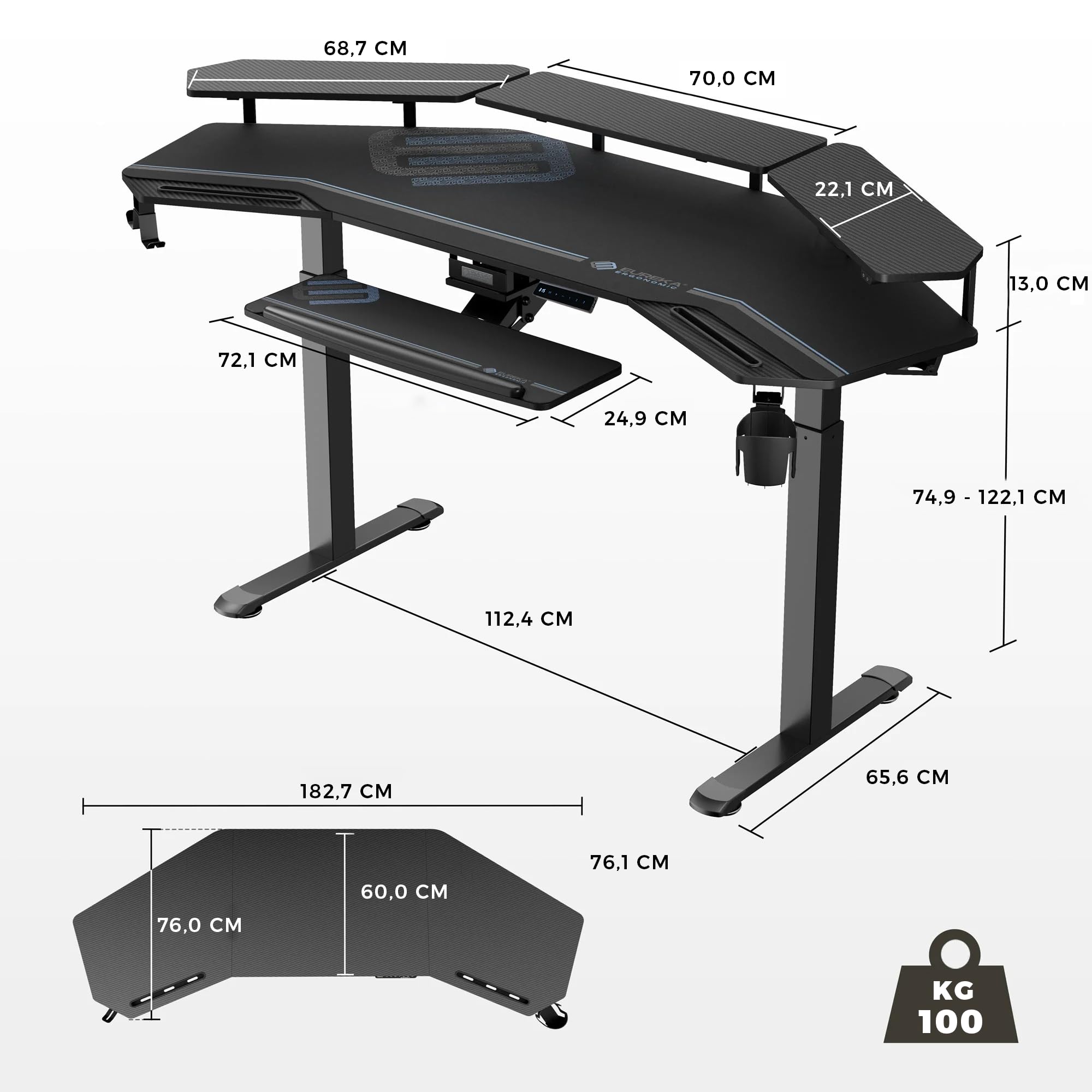 EUREKA ERGONOMIC Bureau Gaming LED 182x76cm en Forme d'Aile Bureau Assis Debout Électrique Bureau Gamer Réglable en Hauteur avec Plateau pour Clavier, Étagère de Moniteur
