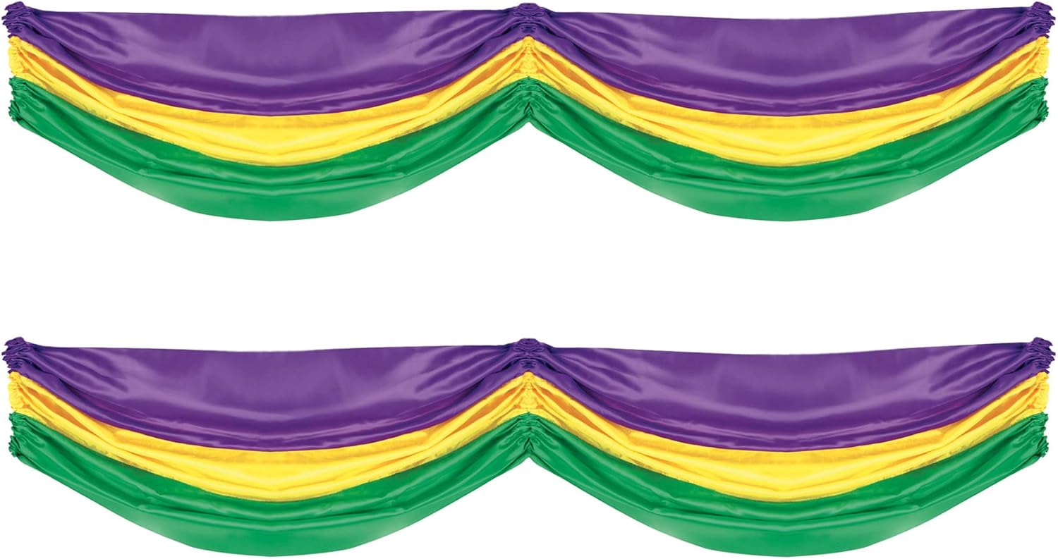 Beistle 2-Pack Mardis Gras Fabric Bunting, Purple/Yellow/Green Hanging Decorations with Drawstrings for Porch or Tables, Indoor & Outdoor NOLA Decor, 5' 10"