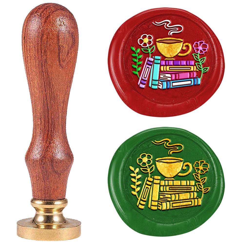 DELORIGIN Book Teacup Flowers Wax Sealing Stamp, 1" Brass Wax Seal Stamp Head With Wooden Handle Vintage Flower Wax Stamp For Invitation Cards Gift Wrapping Envelopes Wine Package Decoration