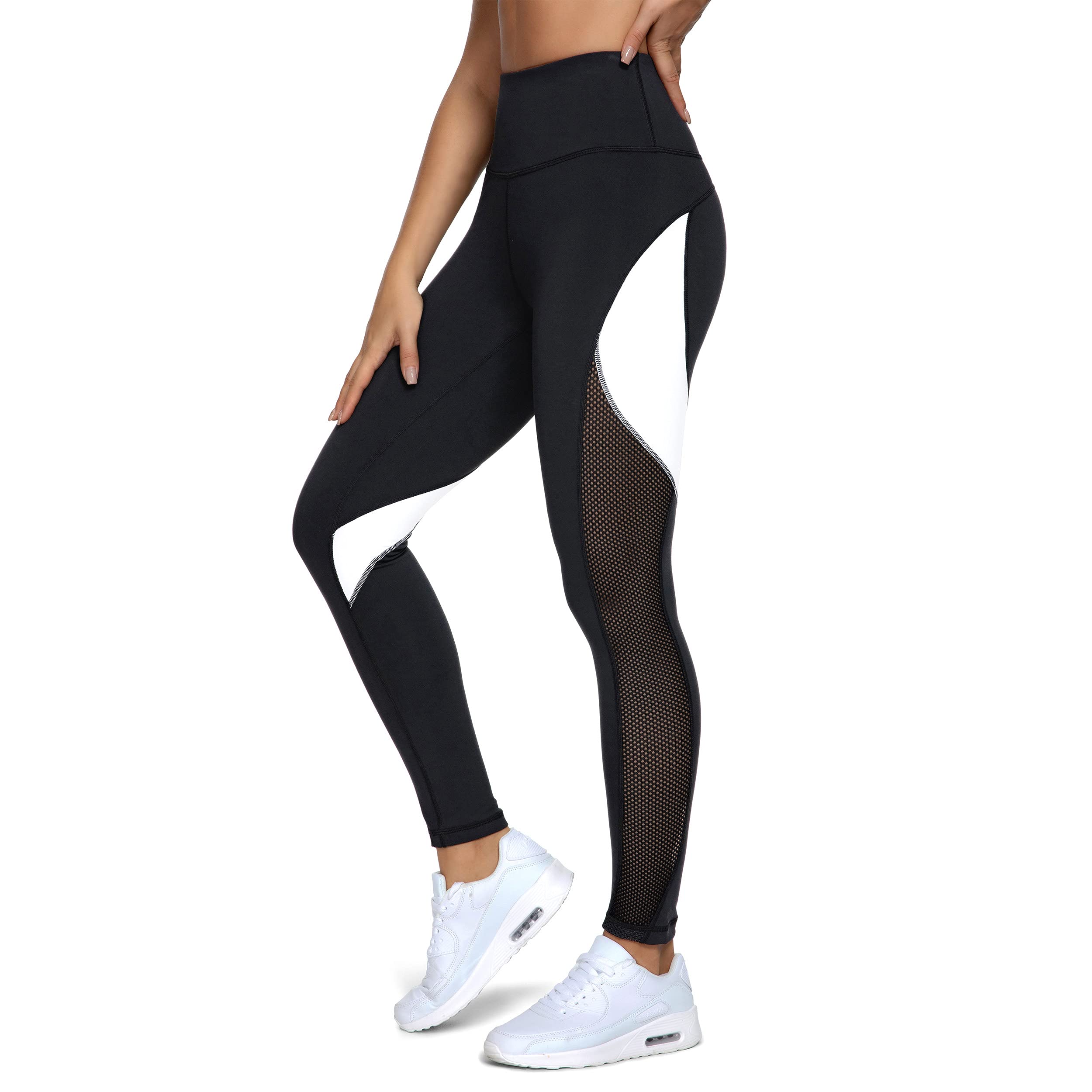 QUEENIEKEWomen Yoga Pants Color Blocking Mesh Workout Running Leggings Tights