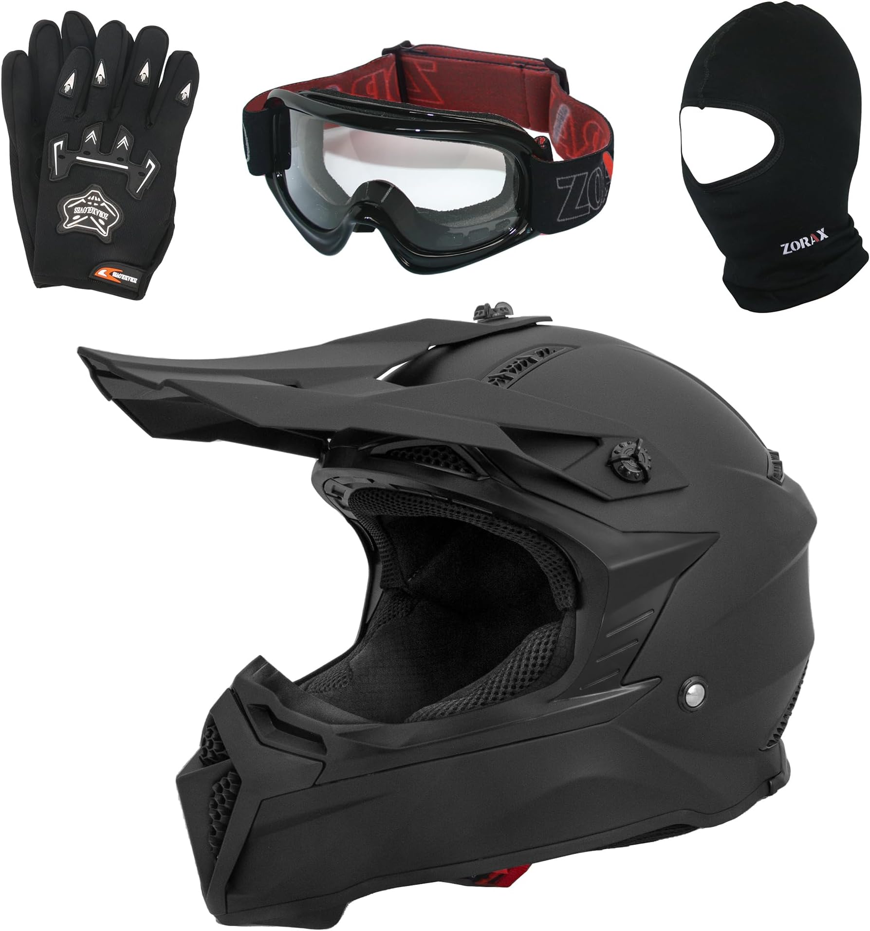 Zorax ZOR-X309 Matt Black L (59-60cm) Motocross Helmet & Gloves L(10cm) & Goggles & Balaclava ECE Approved