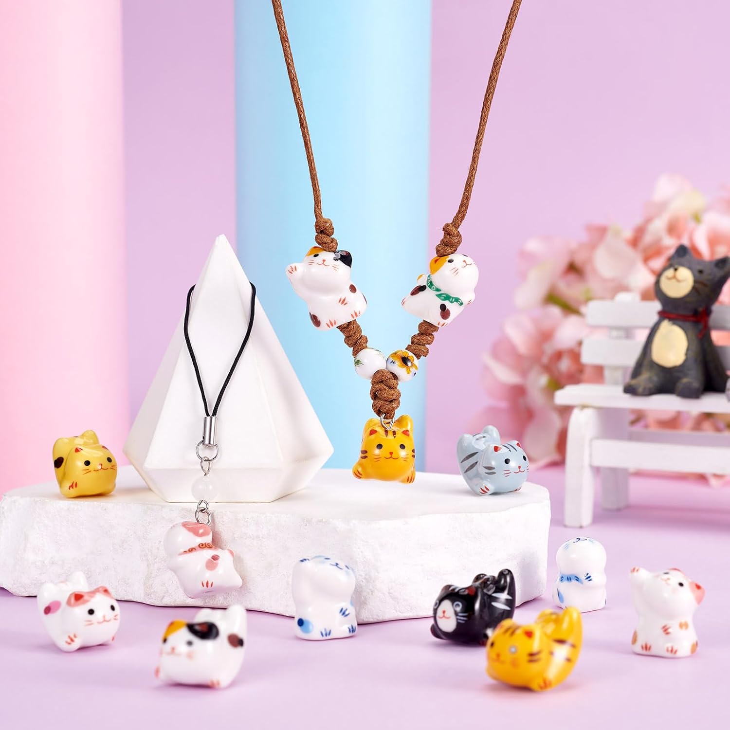 20Pcs Handmade Cat Porcelain Beads Ceramic Cat Beads Cute Assorted Kitten Craft Bead Lovely Pet Animal Spacer Bead for DIY Crafts Earring Bracelet Keychain Lanyard Jewelry Making