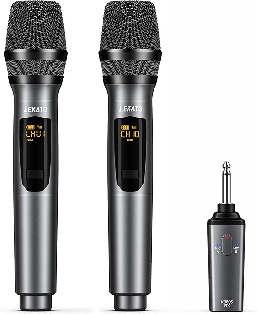 LEKATO Mikrofony bezprzewodowe 2,4 GHz Podwójne mikrofony Możliwość ładowania do 30 godzin pracy na baterii Zestaw metalowych mikrofonów do karaoke Pieśń Kościół, impreza, ślub