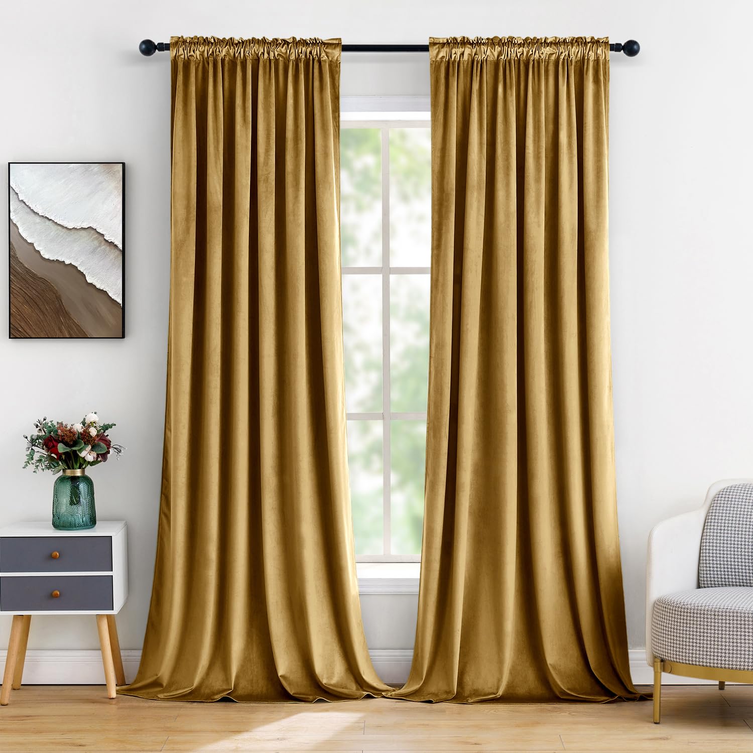 MIULEE Gold Velvet Curtains Thermal Insulated Blackout Curtain Drapes for Bedroom Living Room Darkening 96 Inches Long Curtains Panels Rod Pocket Set
