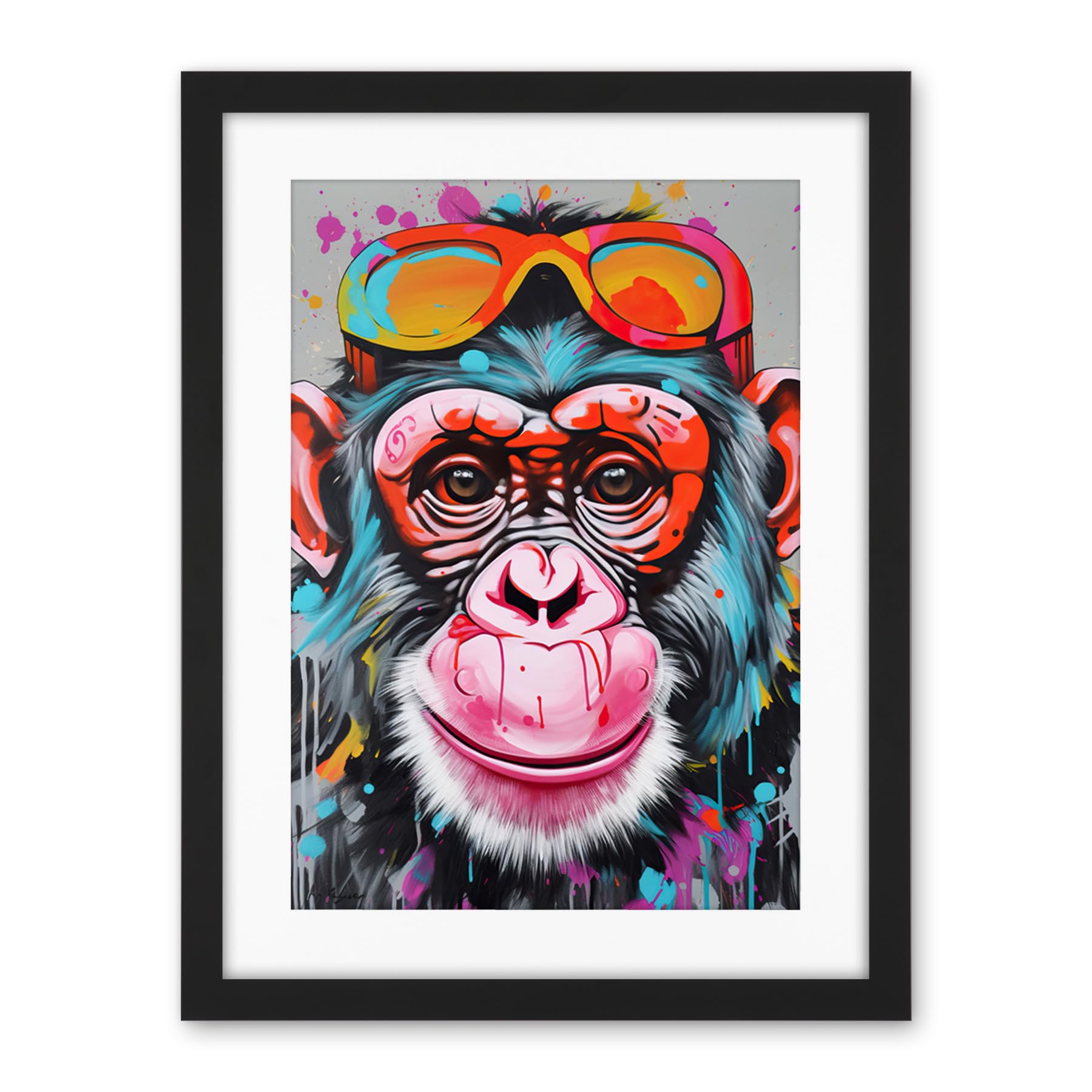 Artery8 Chimpanzee Monkey With Sunglasses Graffiti Pop Art Artwork Framed Wall Art Print 18X24 Inch