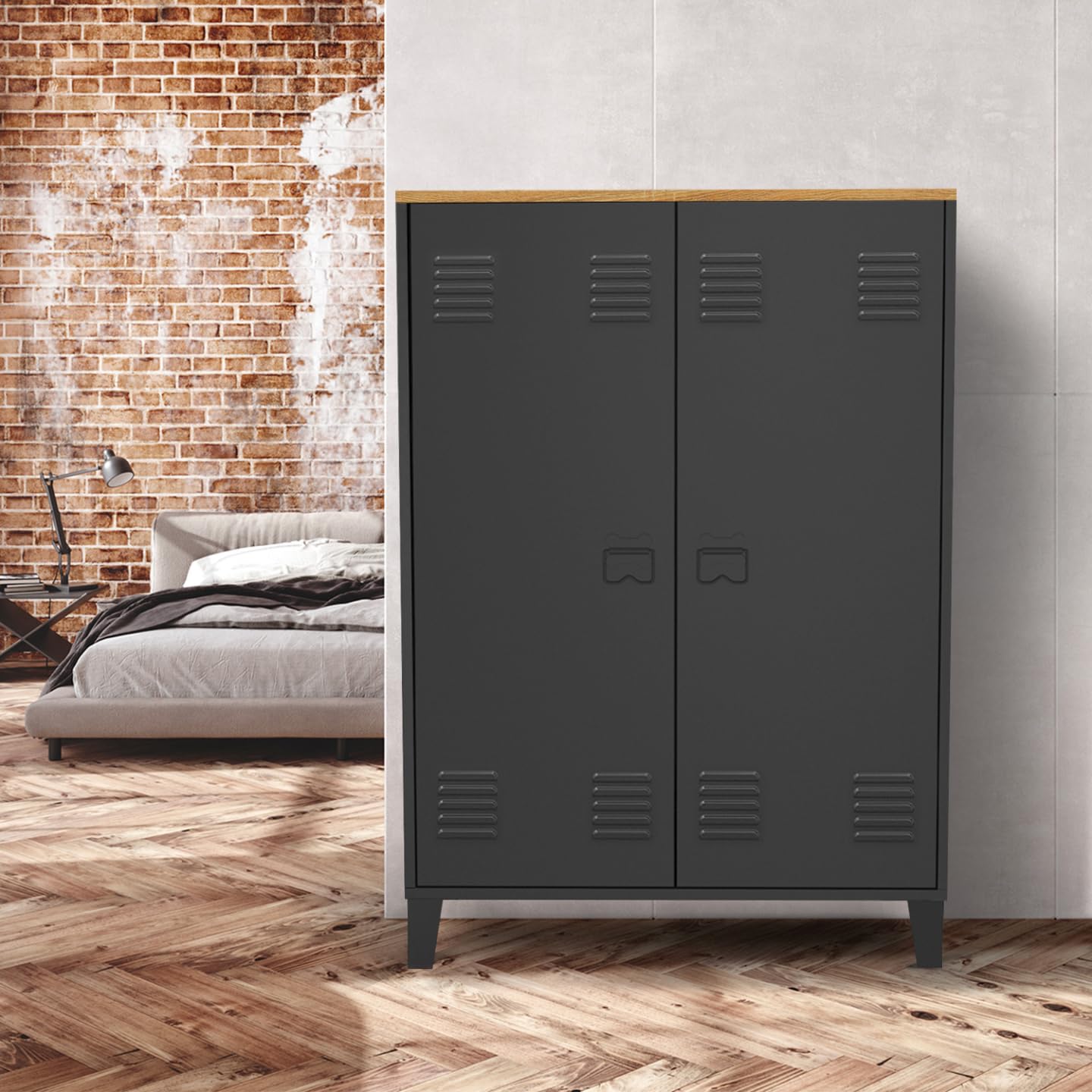 IDMarket - Armoire Basse Ester 2 Portes métal Noir et Plateau Bois Design Industriel