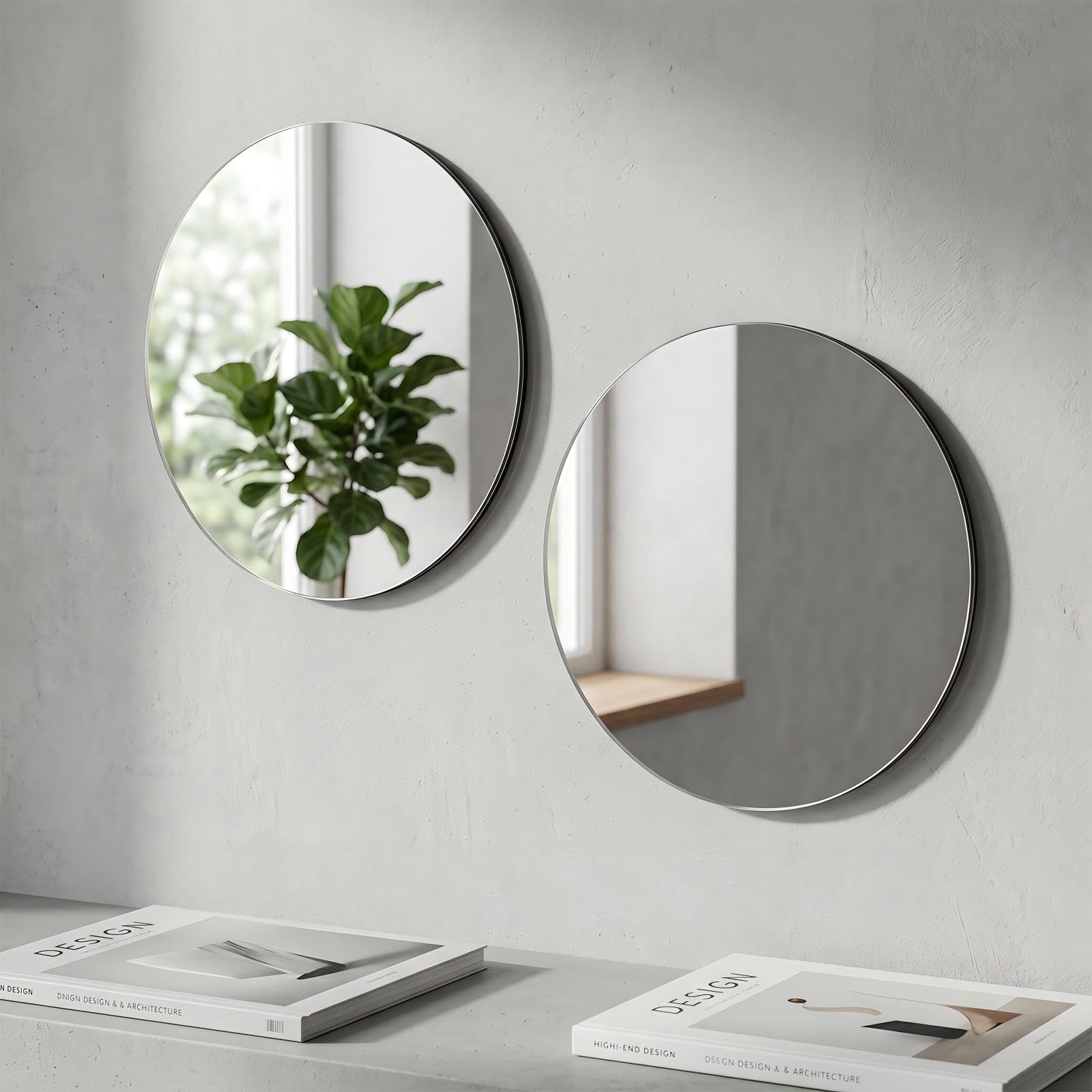 Self Adhesive Mirror, Shatterproof Acrylic Round Mirror for Wall Decor, 12 Inch Peel and Stick Mirror Tiles, 2 Pack Silver Modern Decorative Mirrors for Home and Party