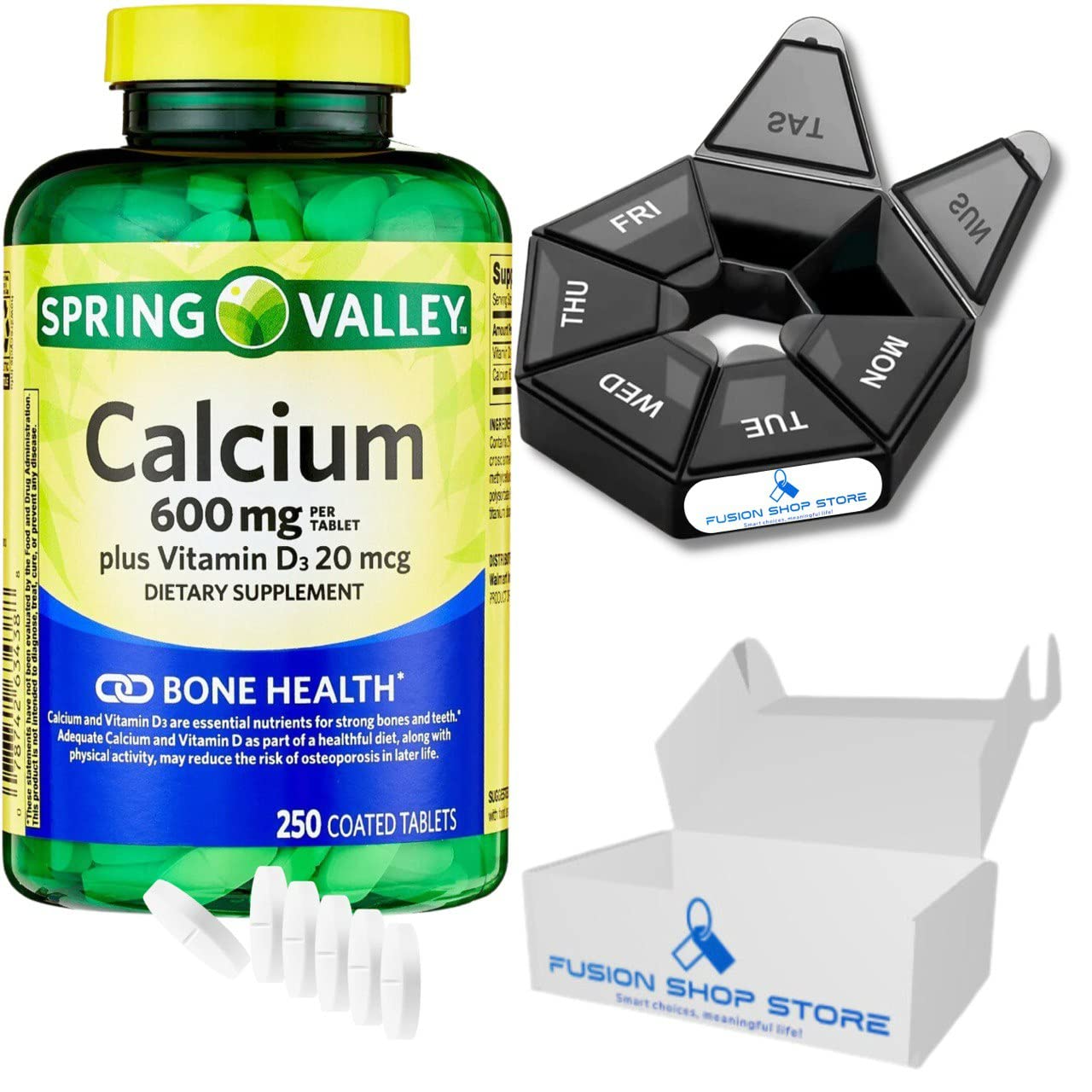 Calcium 600 mg with Vitamin d3, Immune Support & Bone Health, Spring Valley 250 Tablets, Set with Fusion Shop Store Week case (1) (1)