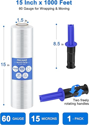 Miniatura 2 de Película elástica para envolver, envoltura retráctil de 15 pulgadas x 1000 pies con asas, rollo de plástico de resistencia industrial, rollo de