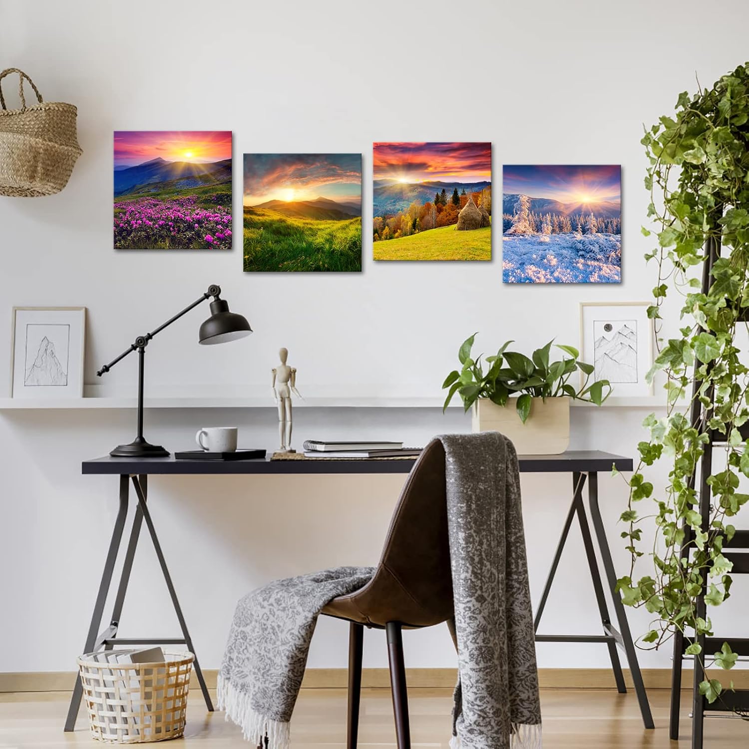 OuElegent 4 Seasons Wall Decor Four Season Mountain Canvas Wall Art Spring Summer Autumn Winter Landscape Picture Prints Framed Modern Artwork For Bedroom Kitchen Living Room 12"x12"x4 Pcs