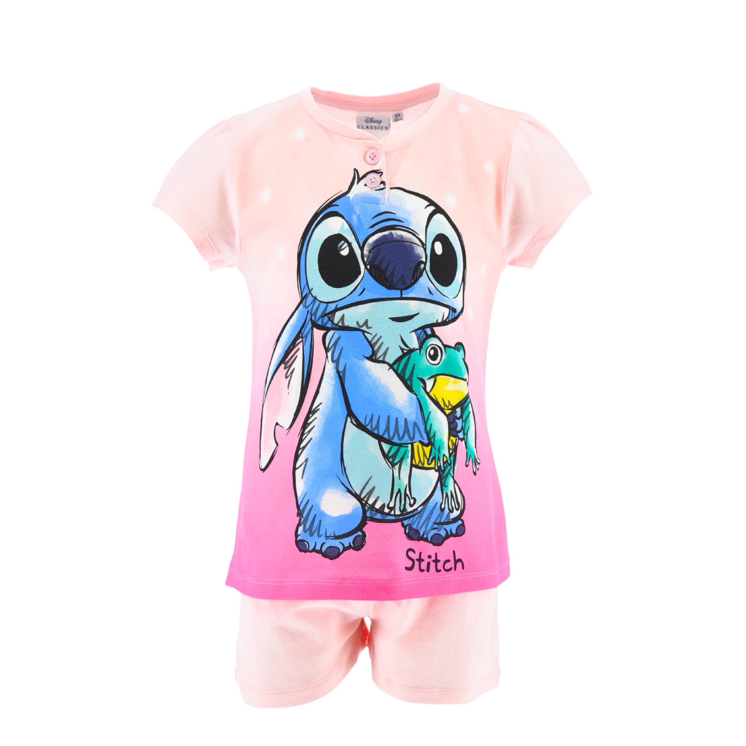 Disney Stitch Camiseta y Pantalón Corto para Niña, Pijama Algodón Suave, Diseño Stitch y Rana Conjunto 2 Piezas Verano, Tallas 6 a 12 Años