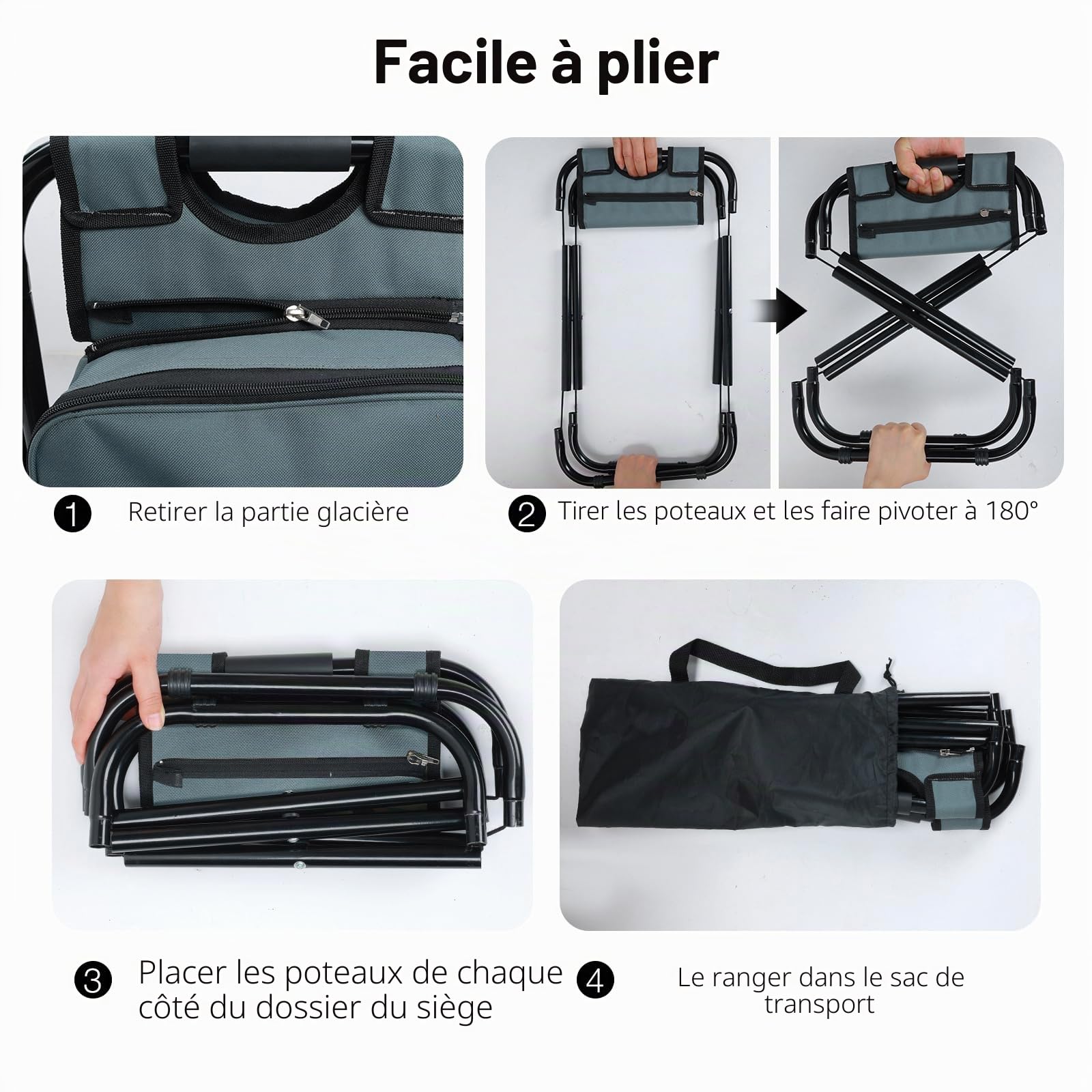 40CM Tabouret Pliable Camping avec Poche de Glacière Amovible, Siege de Peche avec Sac à Dos, Compact et Fonctionnel, Chaise Pliante pour Chasse Pique-Nique, Gris