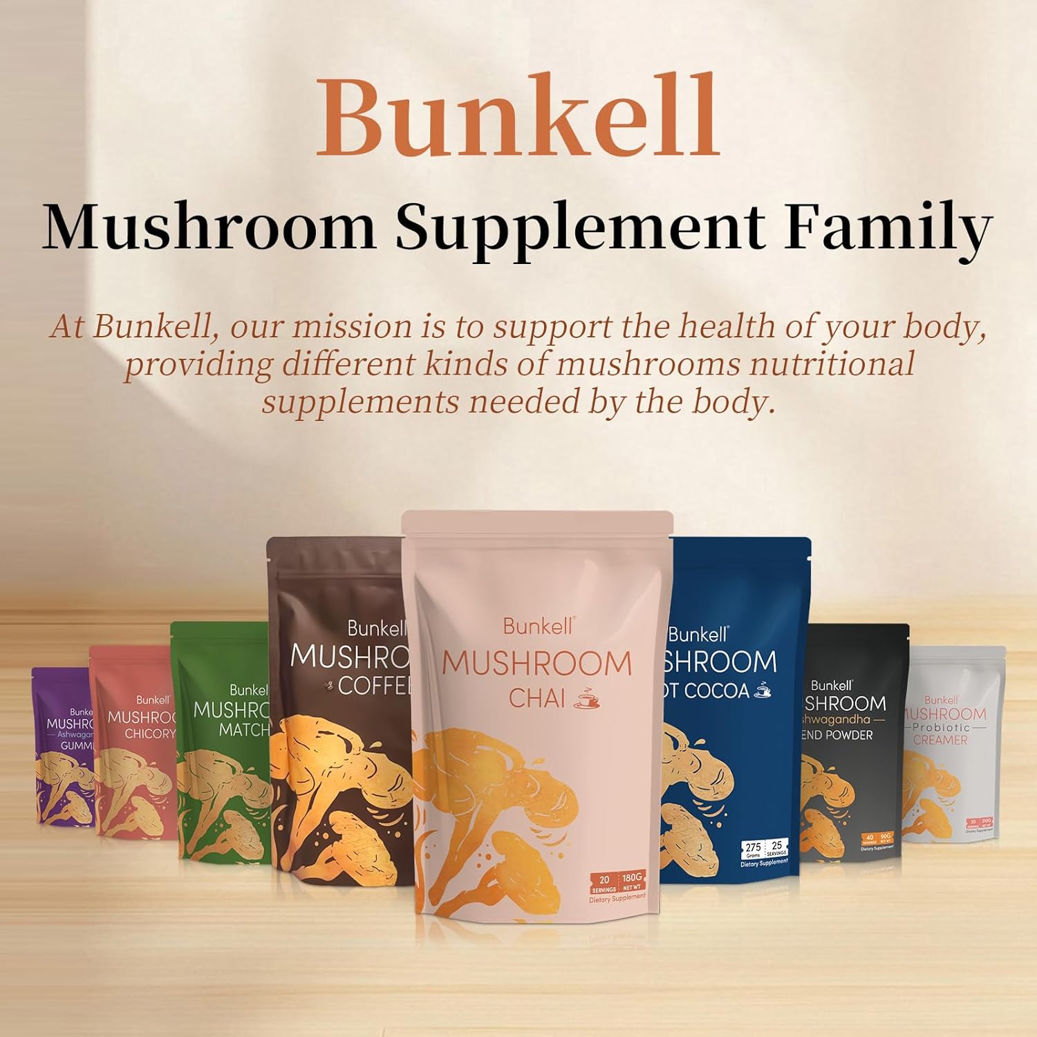 Bunkell Mushroom Chai, Adaptogenic 6 Mushrooms with Lion's Mane, Reishi, Cordyceps, Shiitake, King Trumpet & Turkey Tail, Chai Powder for Energy, Focus, Digestion & Immune Support, 20 Servings 1 Pack