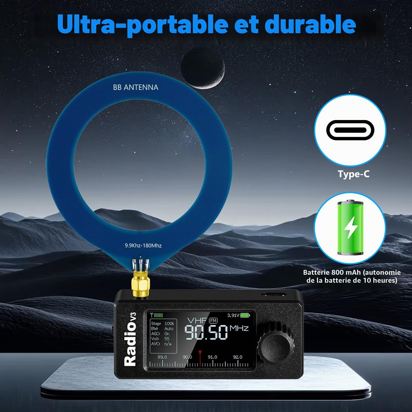 AURSINC Si4732 Mini récepteur radio V3 de poche à ondes courtes, radio HF SW MW VHF toutes bandes, mode AM/FM/LSB/USB, avec batterie de 800 mAh pour aventures en plein air, voyage, utilisation