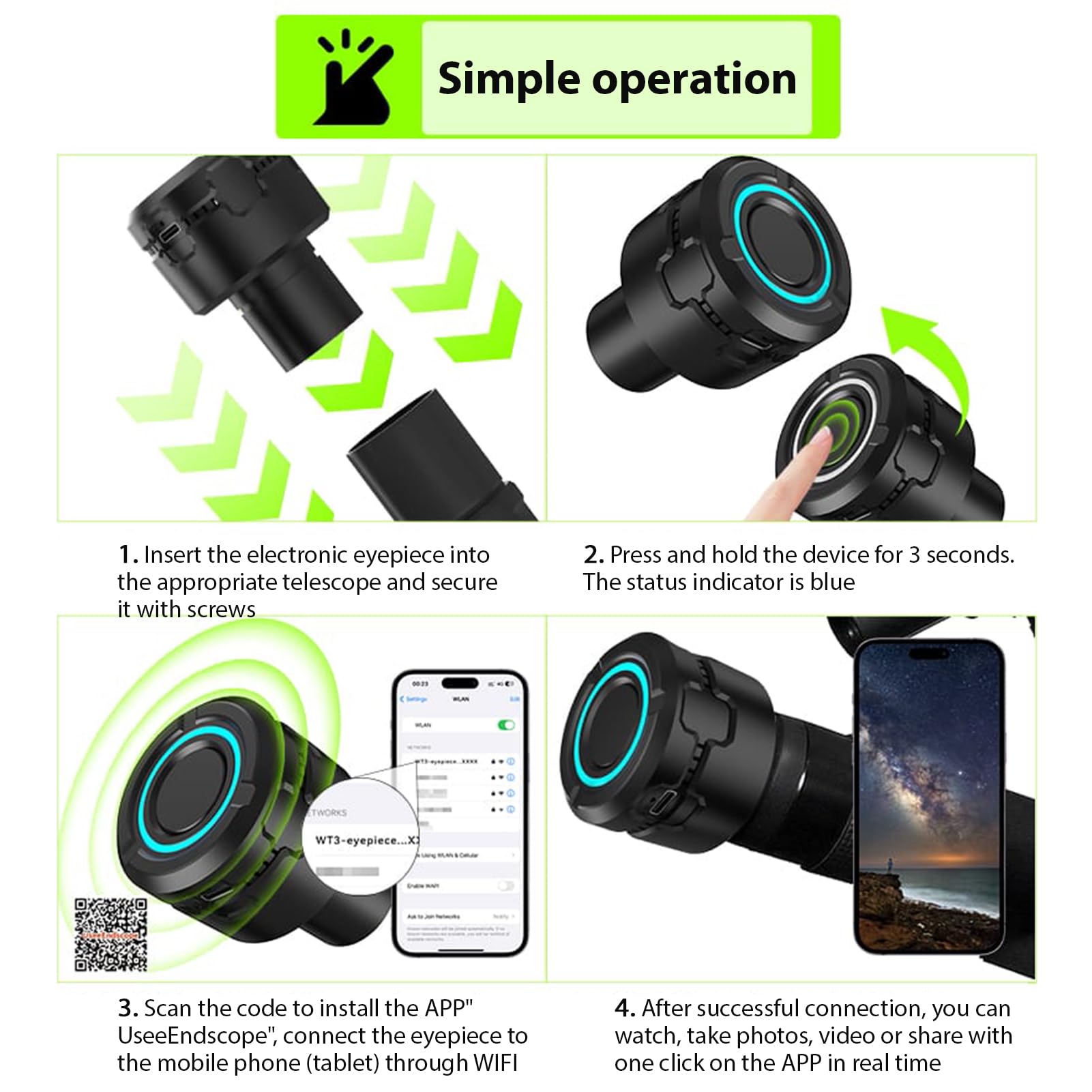 Oculaire numérique WiFi sans fil pour télescope caméra 4K enregistrement vidéo prise de photos batterie intégrée oculaire électronique pour télescope