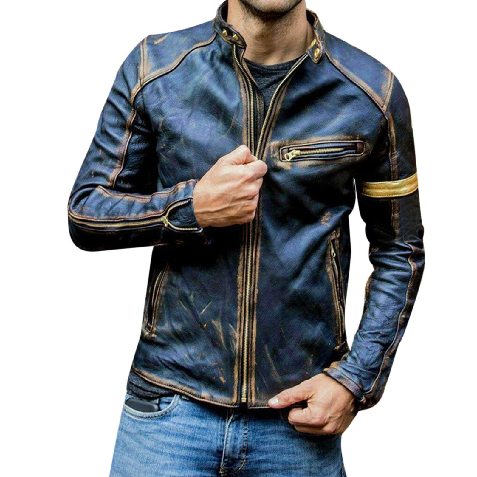 Chaqueta punk rock para hombre, chaqueta de piel para hombre, estilo vintage, con cremallera, bolsillos, chaqueta de entretiempo, chaqueta de otoño, chaqueta impermeable para otoño, abrigos ajustados