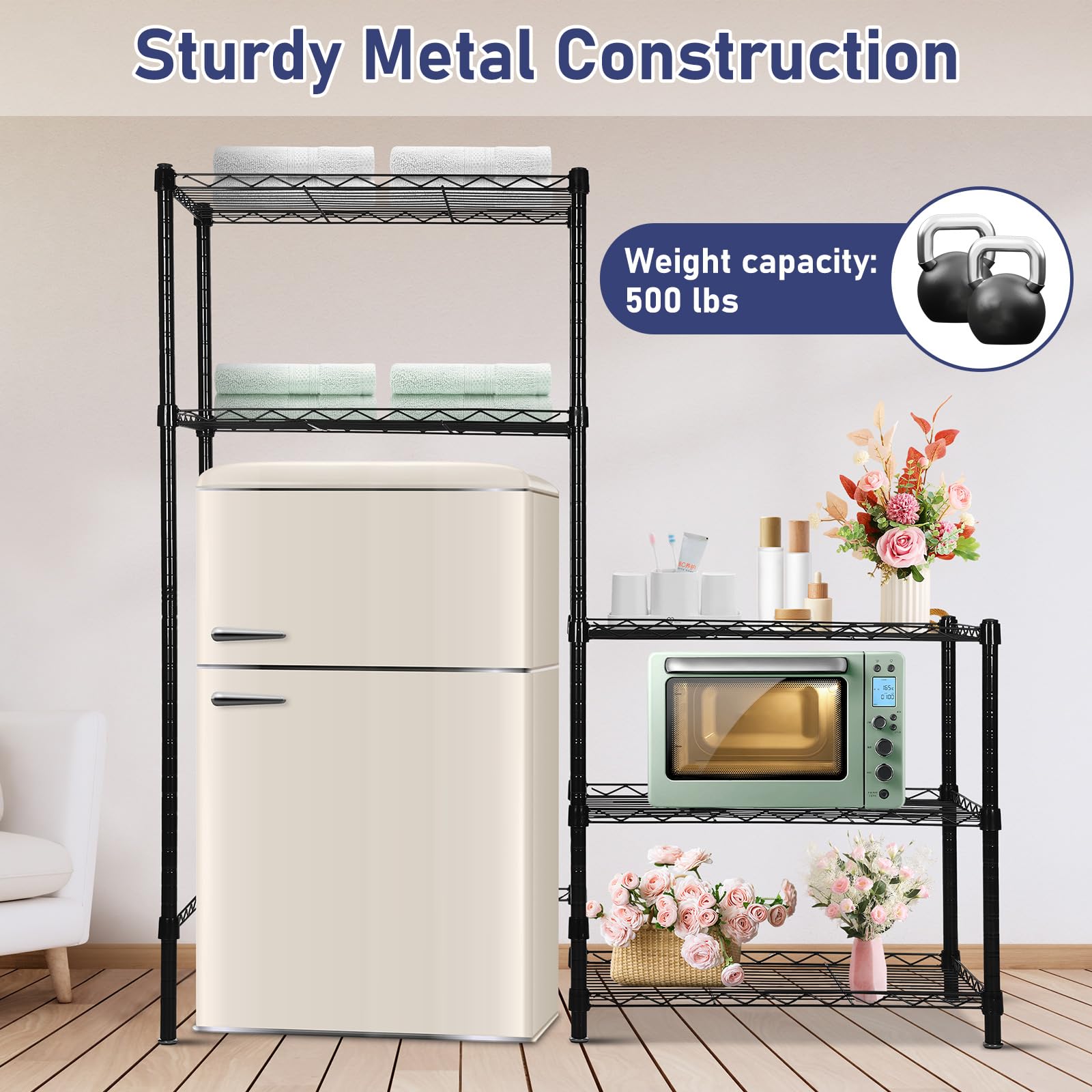 Threehoney Mini estante para nevera con almacenamiento de metal, 3 estantes, estándar para dormitorio, microondas, almacenamiento de mini refrigerador, organizador de altura ajustable para