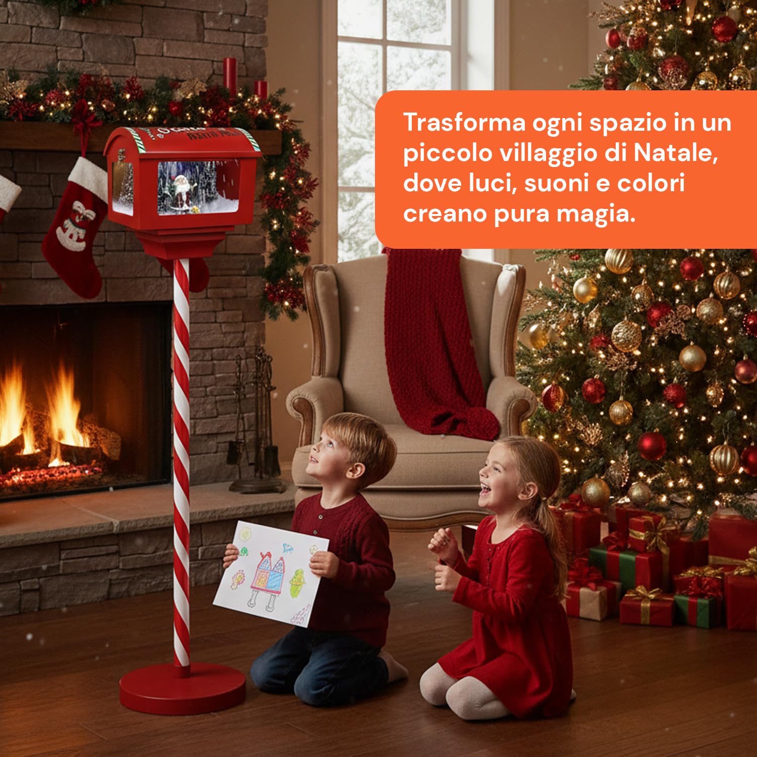 Wintem - Box Postale Scenografica 150cm con Luci, Suoni e Movimento per Decorazioni Natalizie di Grande Impatto, Funzionamento Tramite Cavo USB e 3 Batterie AA
