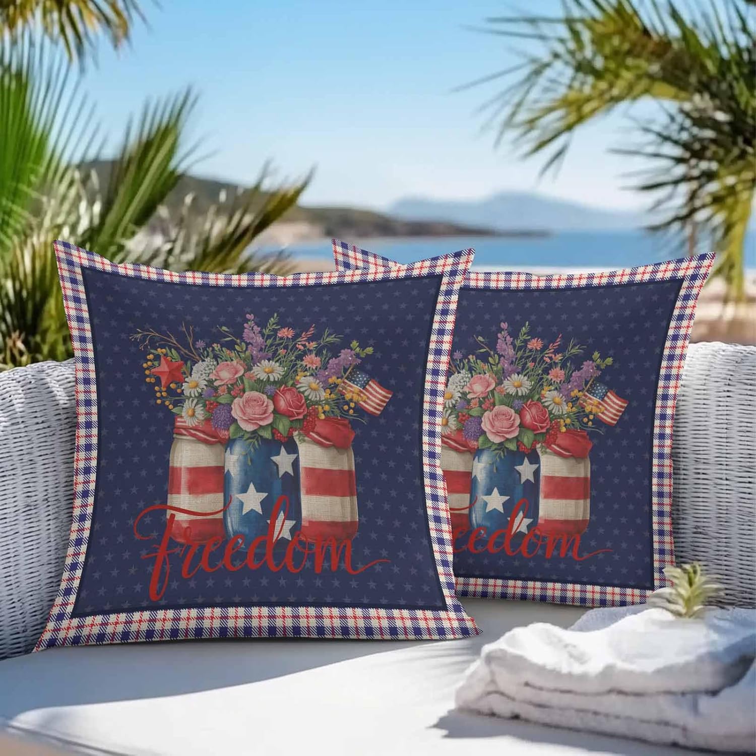 Waterproof Throw Pillow Covers, Independence Day Daisy Flower Tulip American Flag Star Blue Red Plaid Decorative Pillowcase Soft Cushion Case for Patio Couch Tent Balcony, Set of 2 Square, 20"X20"