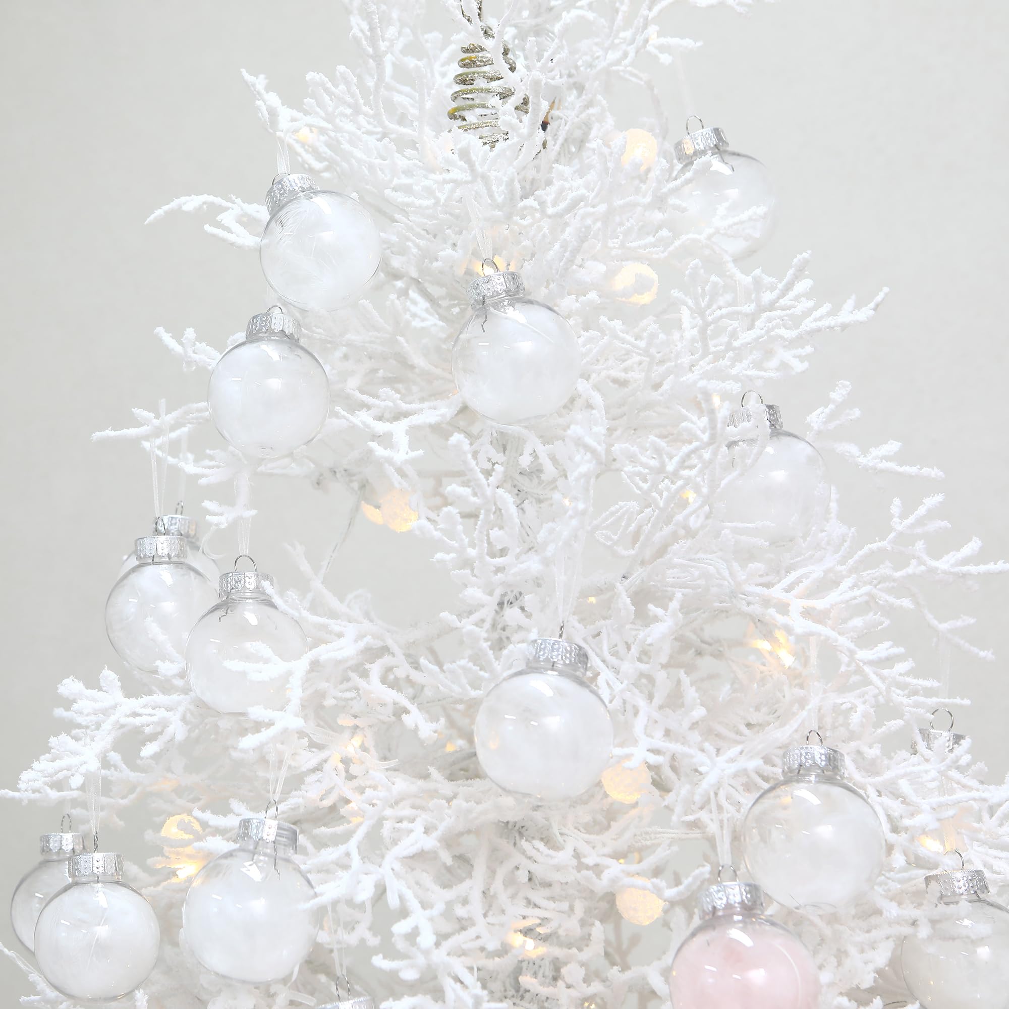 Sea Team Lot de 25 boules de Noël transparentes remplies de plumes, boules décoratives à suspendre avec plumes, décorations en plastique incassable pour sapin de Noël, couronne, guirlande, 60 mm/2,36