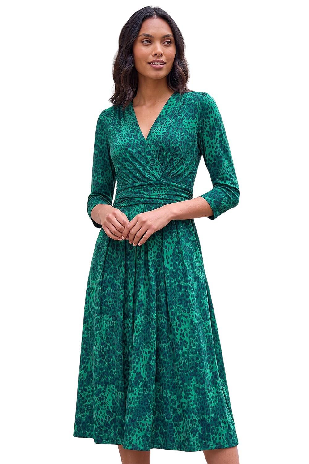 Roman Fit and Flare Dress for Women Ladies Chest Twist Knot Ruched Tea Skater Empire Waist Wedding Guest Smart Casual Swing Midi 3/4 Long Sleeve Knee Length