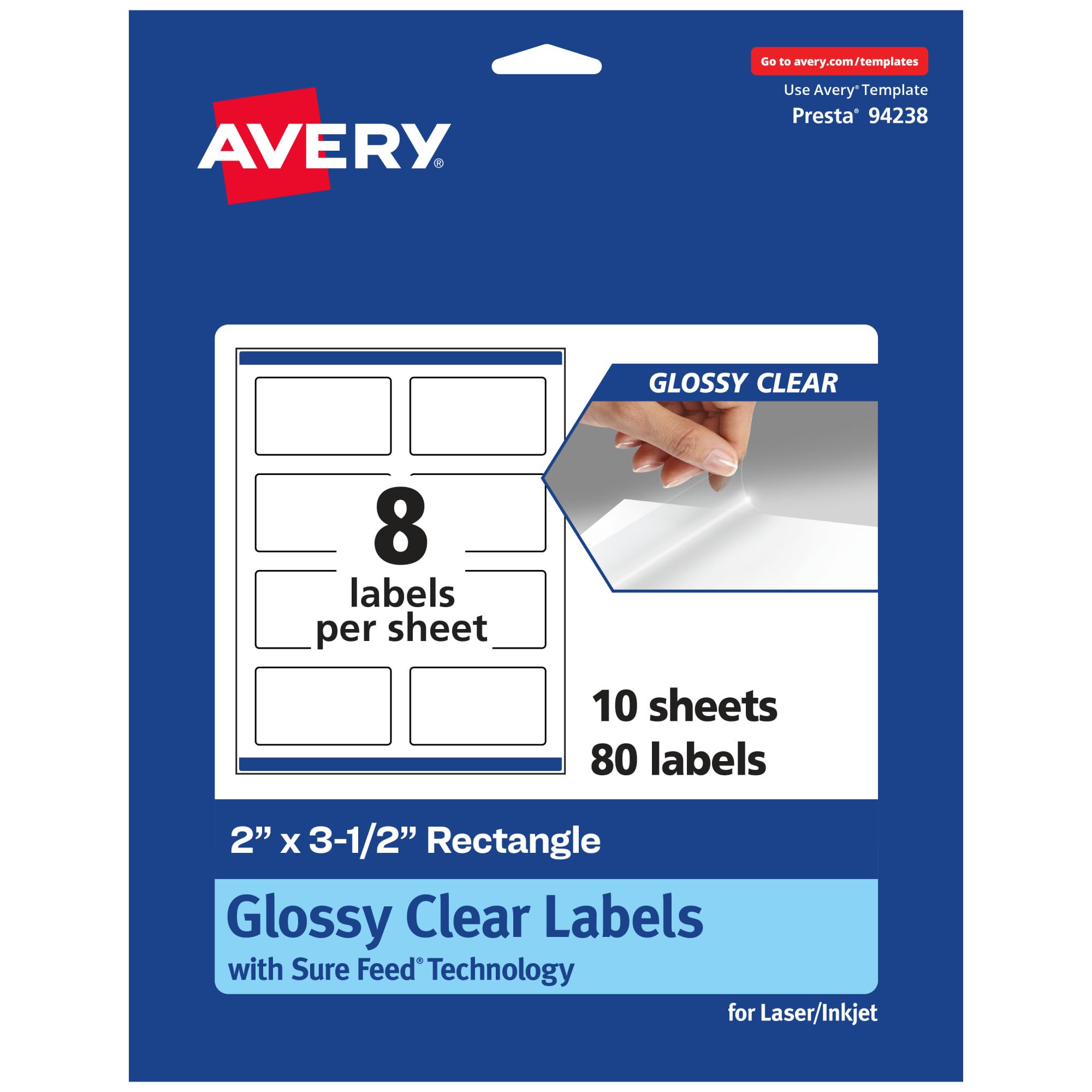 Avery Glossy Clear Rectangle Labels, Sure Feed Technology, 2" x 3.5", 80 Glossy Clear Labels, Print-to-The-Edge, Laser/Inkjet Printable