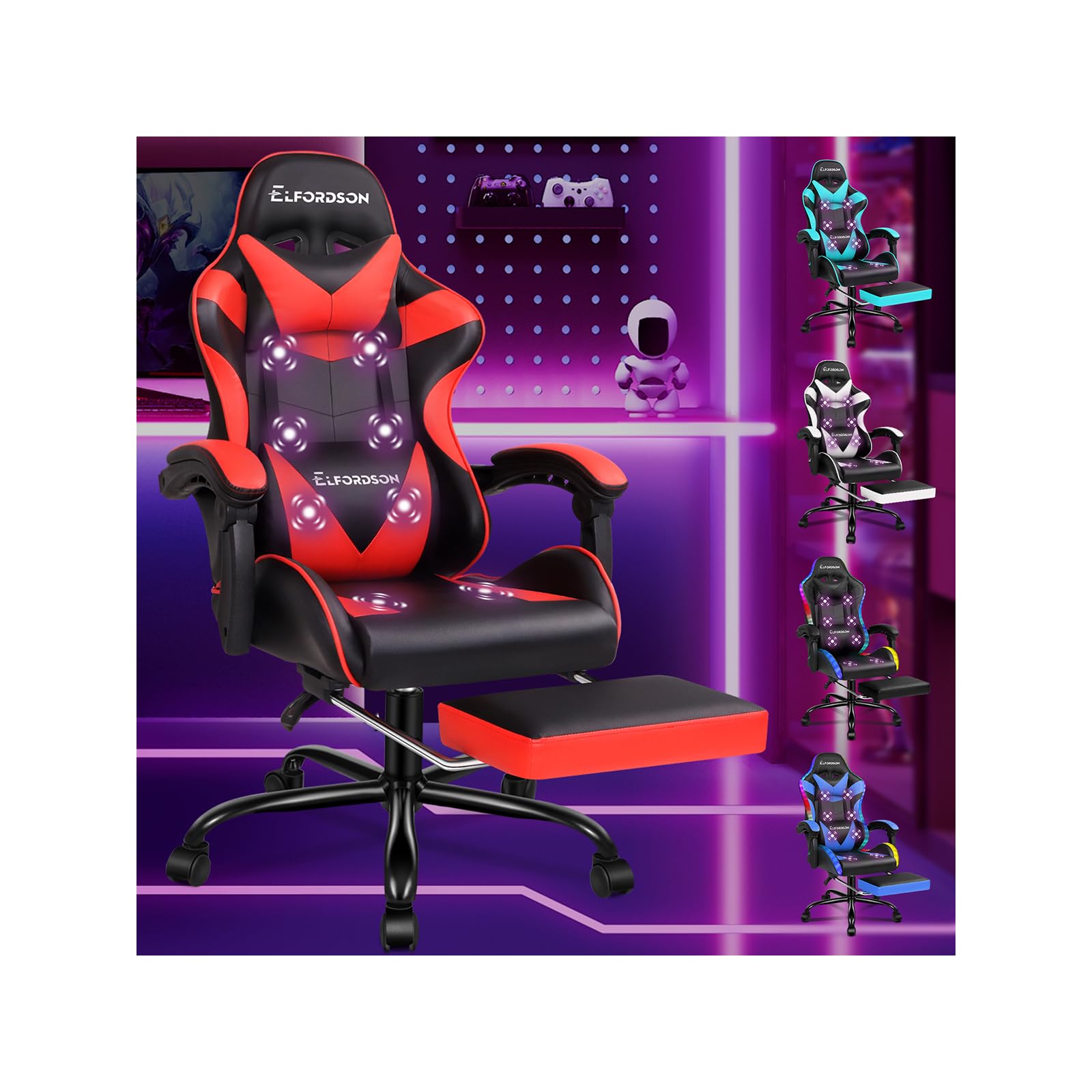 ELFORDSON Massage Gaming Chair for Kids Adults, Ergonomic Computer Office Chairs with Headrest, Lumbar Cushion, Footrest, High Back 150° Reclining, 360° Swivel, PU Leather, Red