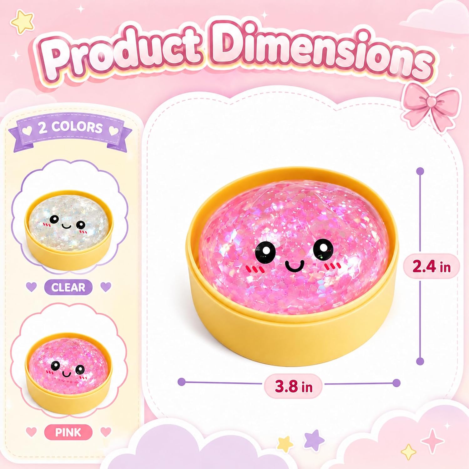 2 Packs Dumpling Squishy, Glitter Squishies, Dumplings Style Stress Relief Balls for Adults and Kids, Cute Steamer Basket Design with Squeezable Fidget Toy