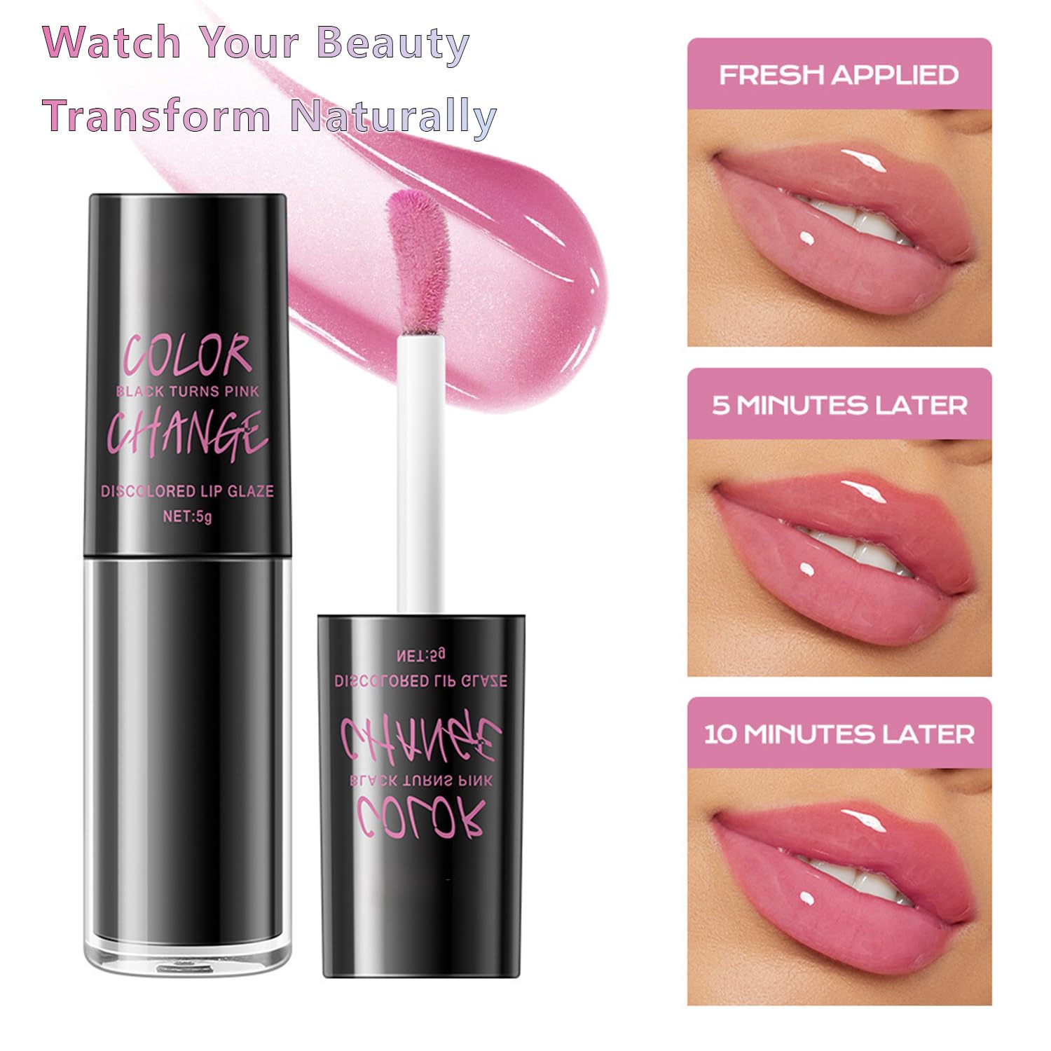 Brillo labial con cambio de color rosa, aceite labial hidratante y de alto brillo, bálsamo labial hidratante con acabado natural que adapta el color, compacto y apto para viajes, juego de maquillaje 5
