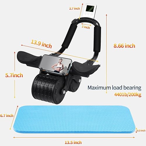 Miniatura 3 de Rueda de ejercicio con soporte para teléfono, temporizador, rodillera, soporte para codo, equipo de entrenamiento de fuerza central, negro