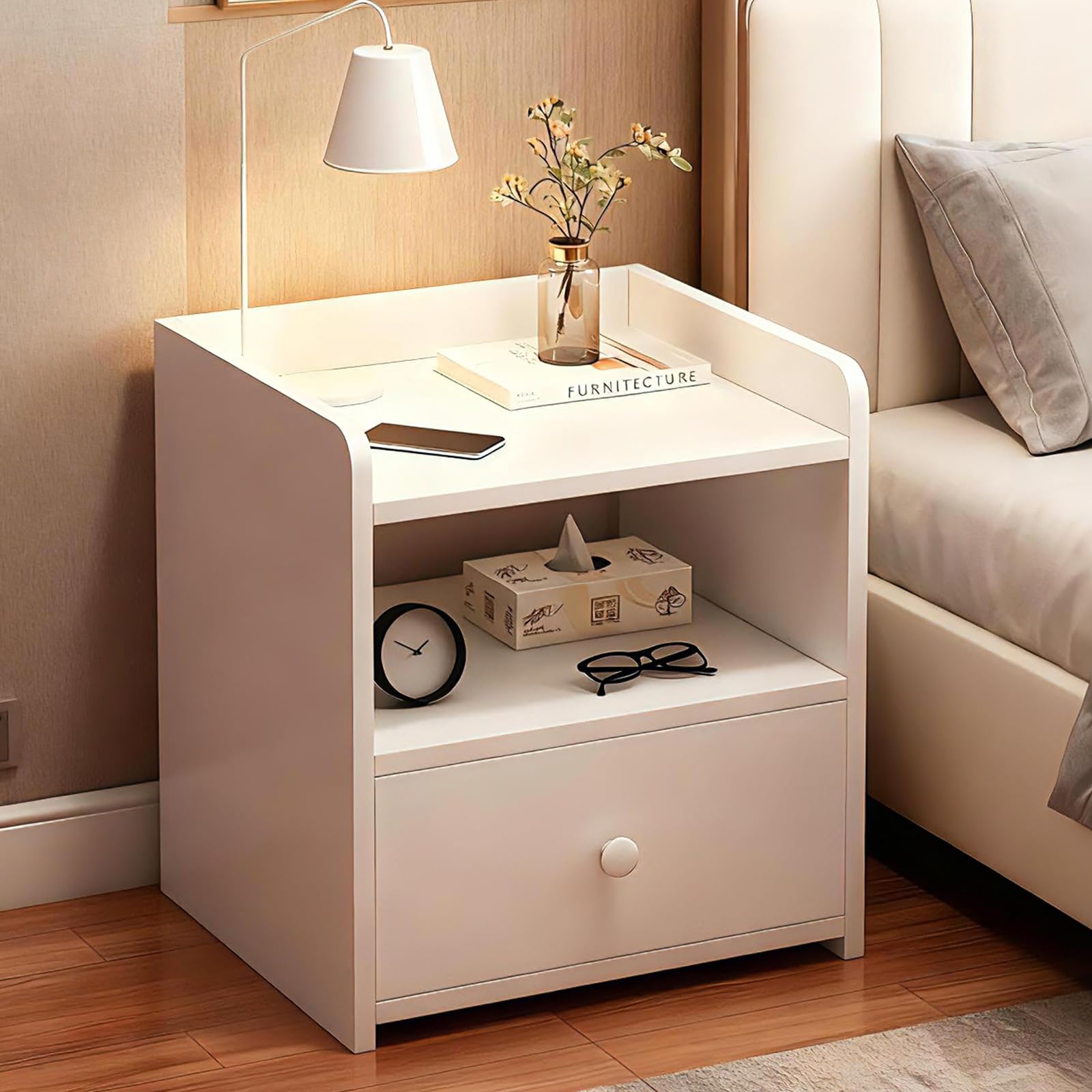 Night Stand with Drawer, Wooden Bedside Cabinet with Open Storage Shelf, 2-Tier Bedside Table for Bedrooms, Living Room, Small End Table Nightstands Dressers, Dorm and Small Spaces, White