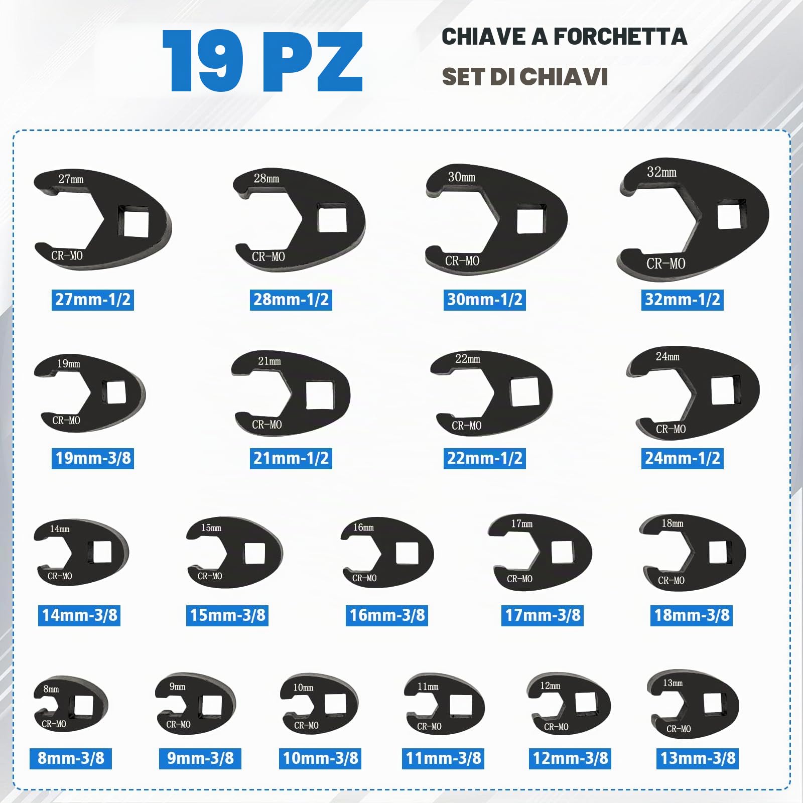 LIROPAU Set di 19 chiavi a bussola, per dadi a flangia | metriche e standard, coppia 1/2" 3/8" (19)
