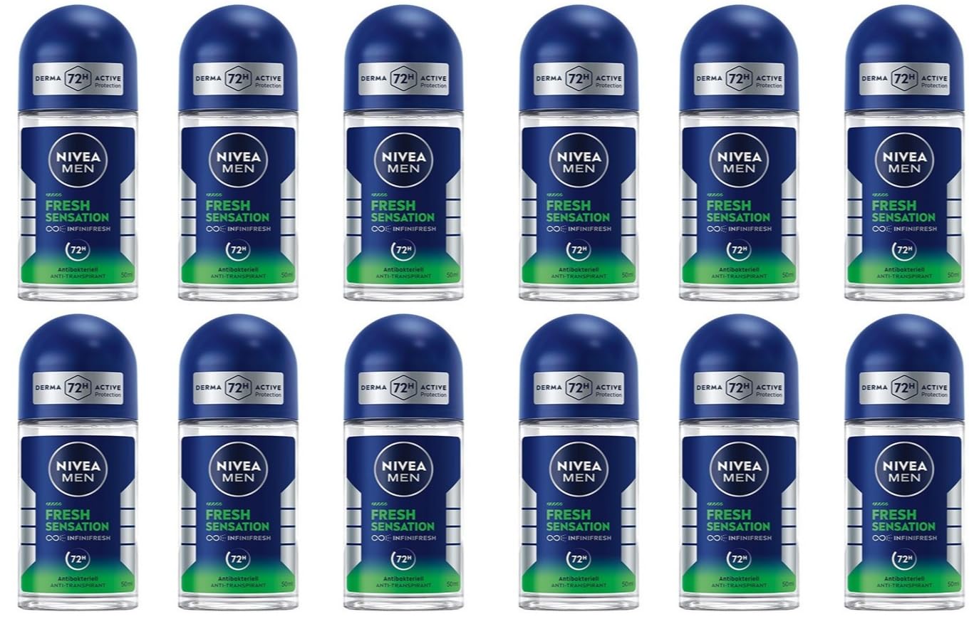 12x NIVEA MEN Fresh Sensation Deo Roll-On Antitranspirant für 72h Schutz gegen Schweiß und Geruch Deodorant mit antibakterieller Wirkung und verführerischem Duft,ohne Ethylalkohol,50ml (12er Pack)