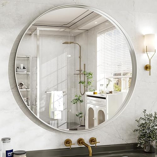 Miniatura 10 de Easly Espejo redondo de baño de 24 pulgadas, espejo circular montado en la pared con marco de metal, espejo moderno adecuado para baño, tocador,