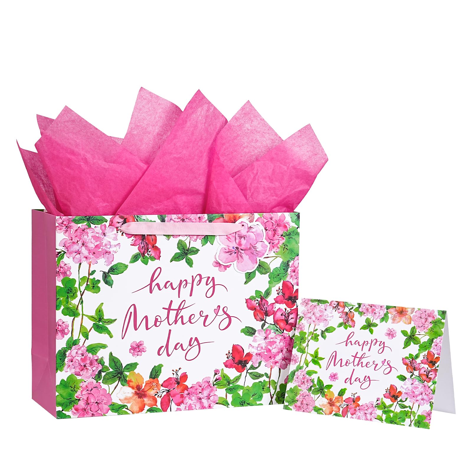 LeZakaa 13" Mother's Day Bag, Pink Floral Happy Mother's Day Bag with Greeting Card Tag & Tissue Paper, Elegant Flower Design Gift Bag for Mom Wife Grandma, 13" x 10" x 5", 1 Pc