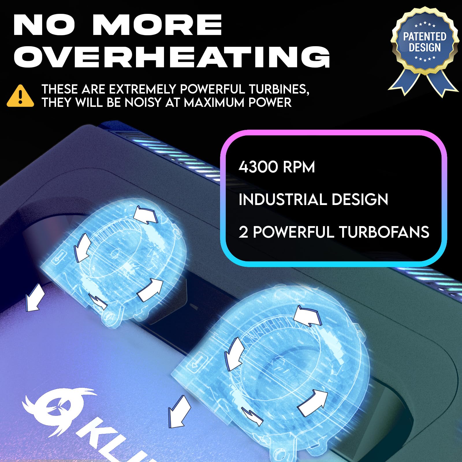 KLIM Mistral Laptop Cooling Pad - New - Powerful Turbo-Laptop Fans (4500 RPM) - Rubber Seal and Dust Filters for Maximum Performance - Gaming Laptop Cooler to Avoid Overheating - 15.6-17.3 inch