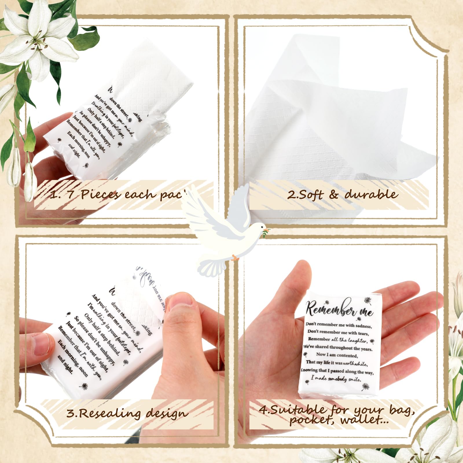 Sinmoe 60 fazzoletti per il viso, poesia ispiratrice, fazzoletti tascabili a 3 veli, formato mini da viaggio, fazzoletti commemorativi per funerali, ospiti, parenti, familiari e amici