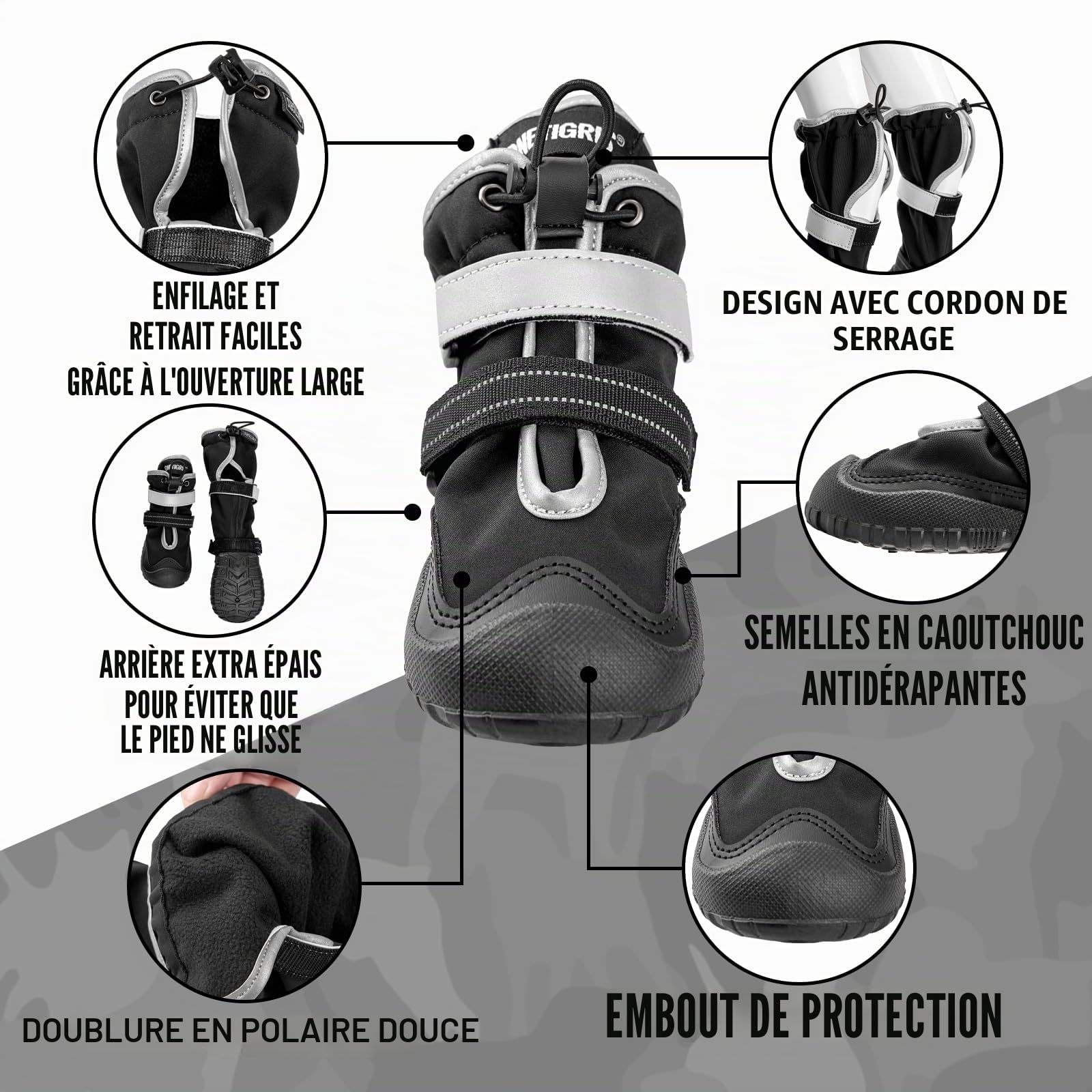 OneTigris Pathfinder Lot de 4 chaussures antidérapantes pour chien - Protection des pattes - Imperméables - Chaudes - Réglables - Avec fermeture Velcro réfléchissante - Pour chiens de taille moyenne