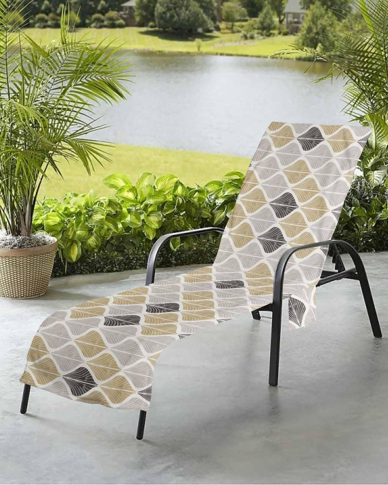 Geometric Leaves Beach Chair Towel Covers for Chaise Lounge with Side Pocket, Soft Plush Pool Towels Cover for Patio Sunbathing Outdoor 29''x85'' Black Gold White Modern Stripes